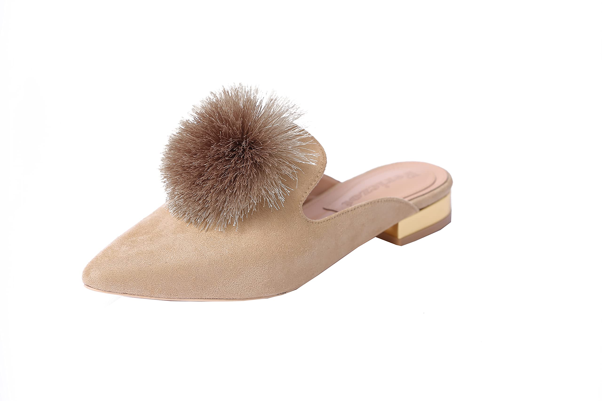 Fericzot Women's Slip On Mule Loafers - Backless Flats with Puff Pompom & Pointed Toe - Comfortable Casual Shoes & House Slippers for Women - Perfect for Home, Office, and Everyday Wear