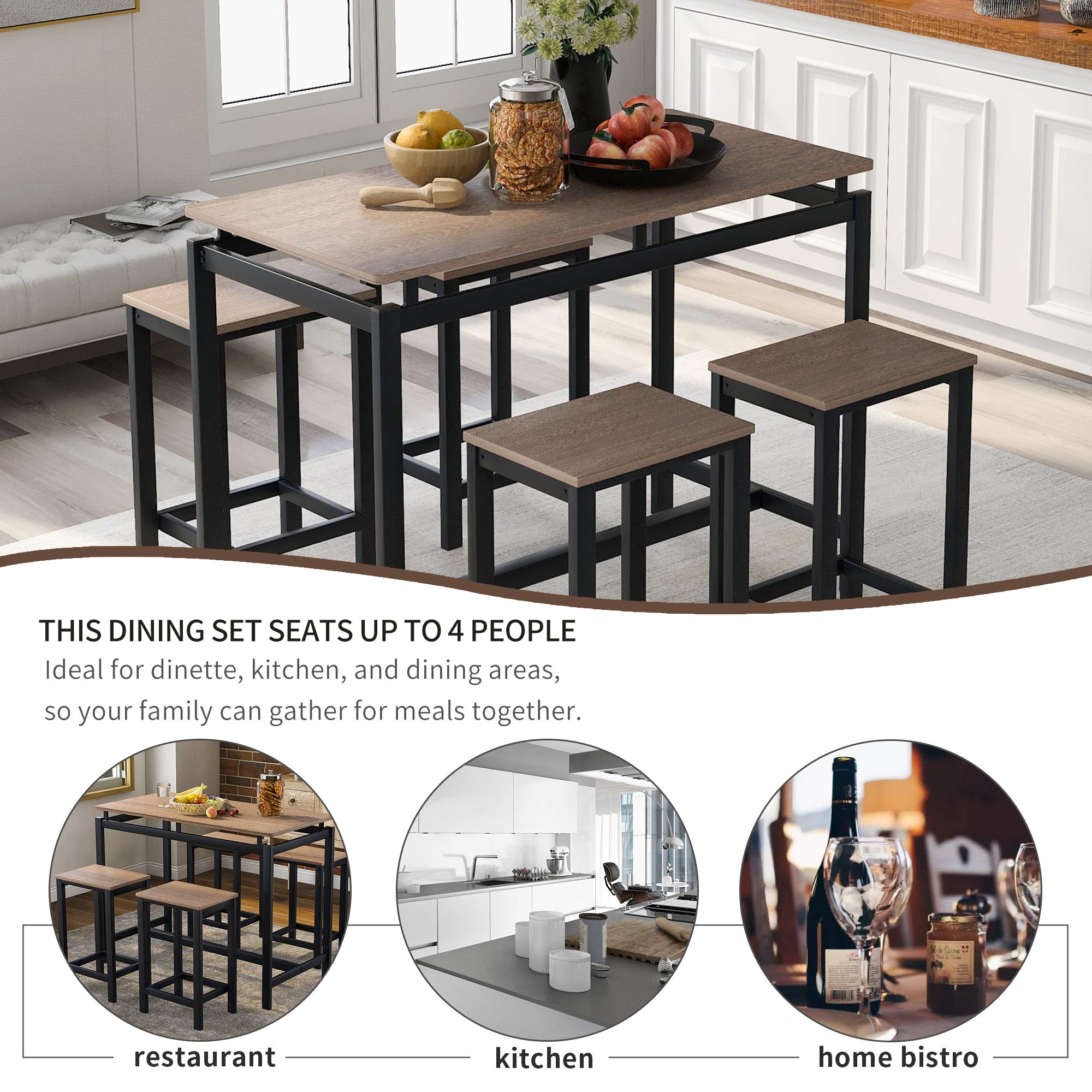 5-Piece Industrial Counter Height Dining Table Set with 4 Bar Stools - Space Saving Rectangular Dark Brown Kitchen Dinette (47.2''L x 23.6''W x 35''H) - Perfect for Small Apartments, Kitchens, Breakfast Nooks & Pub Style Dining