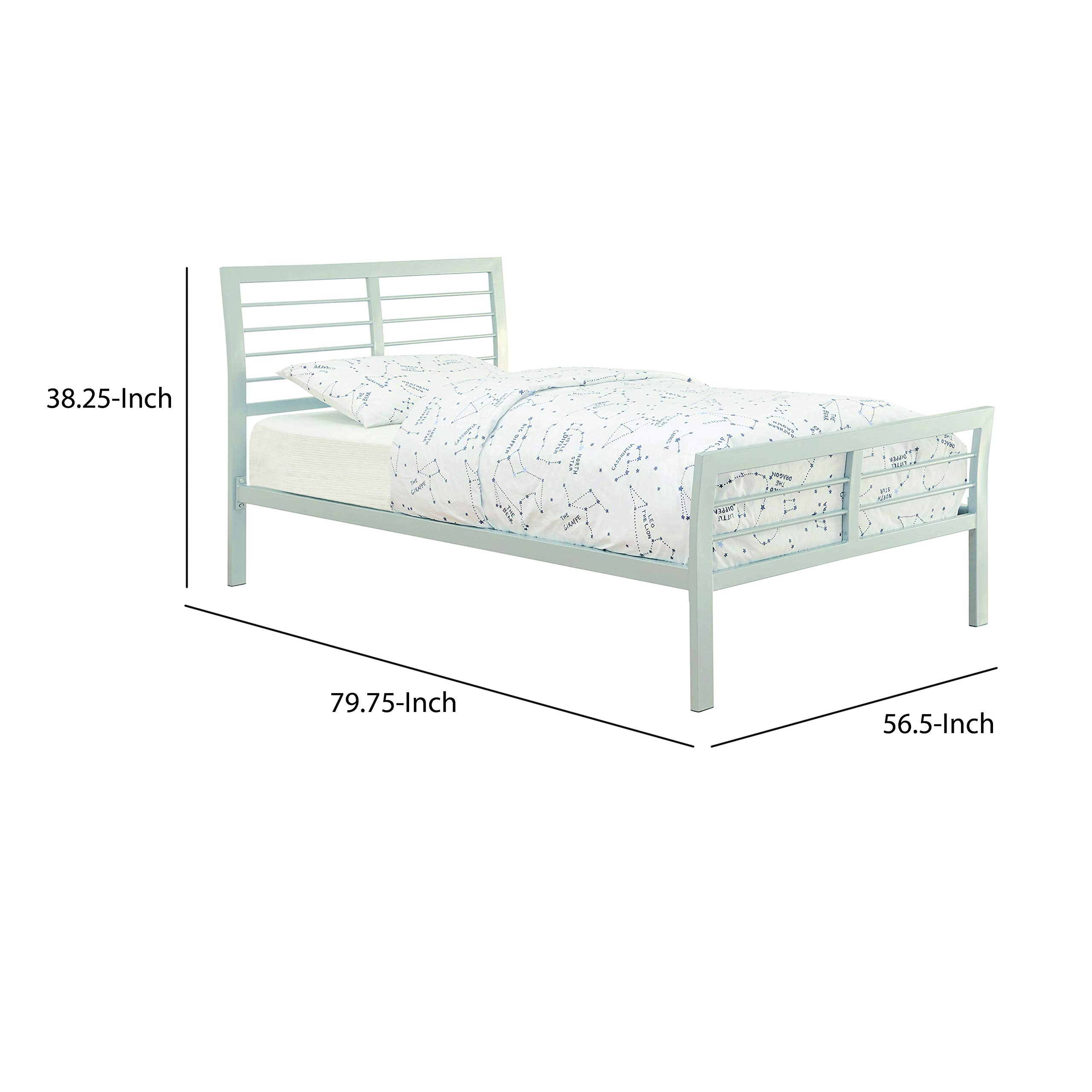 Benjara Full Size Metal Bed Frame with Slatted Headboard, Flared & Linear Design - Silver Finish | Modern Bedroom Furniture for Home & Apartment