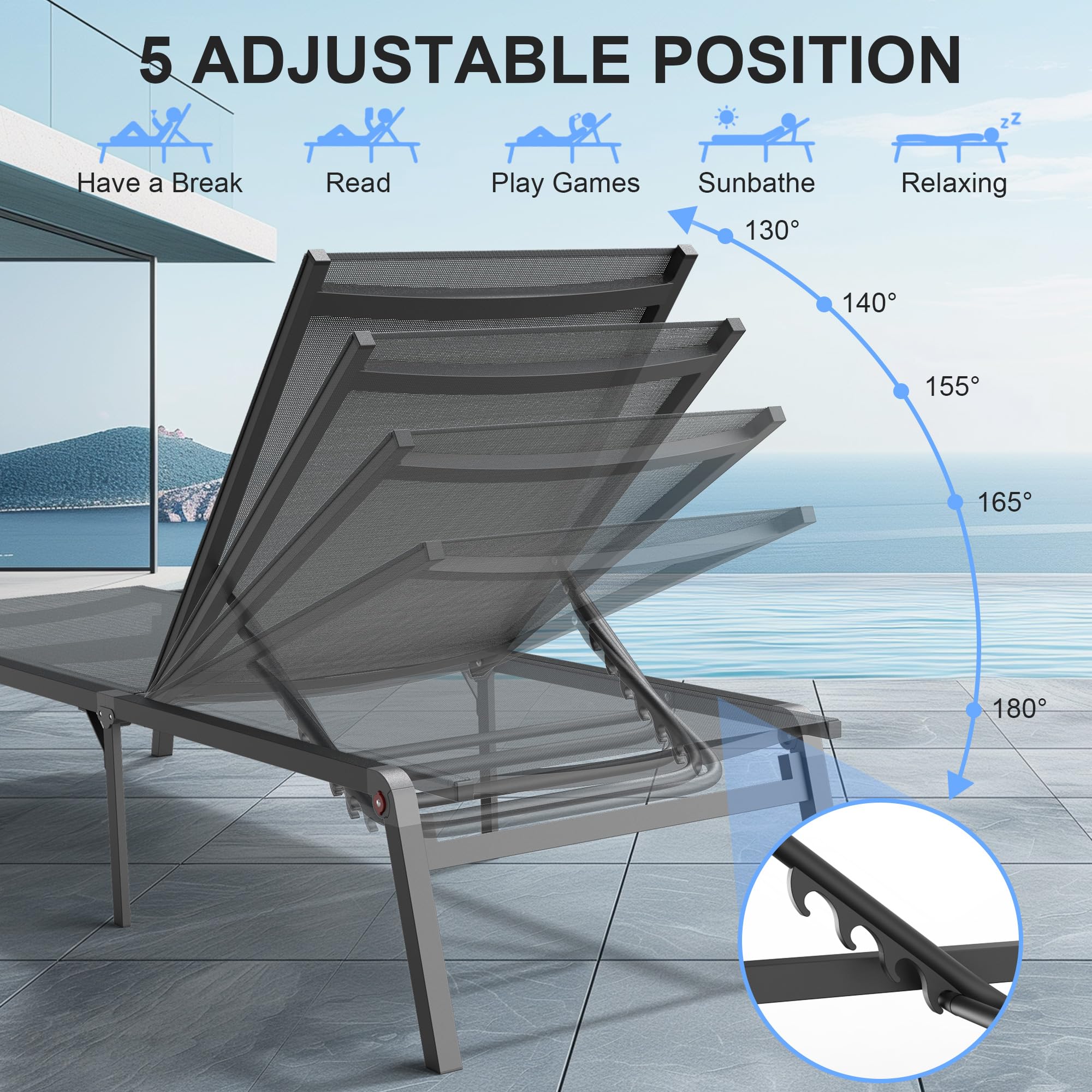 Premium Foldable Outdoor Lounge Chair - 0-60° Adjustable Backrest, No Assembly Tanning Chaise Lounge with Stainless Aluminum Frame for Patio, Poolside & Beach Relaxation - Grey (Perfect for Sunbathing, Backyard Lounging & Vacation Getaways)