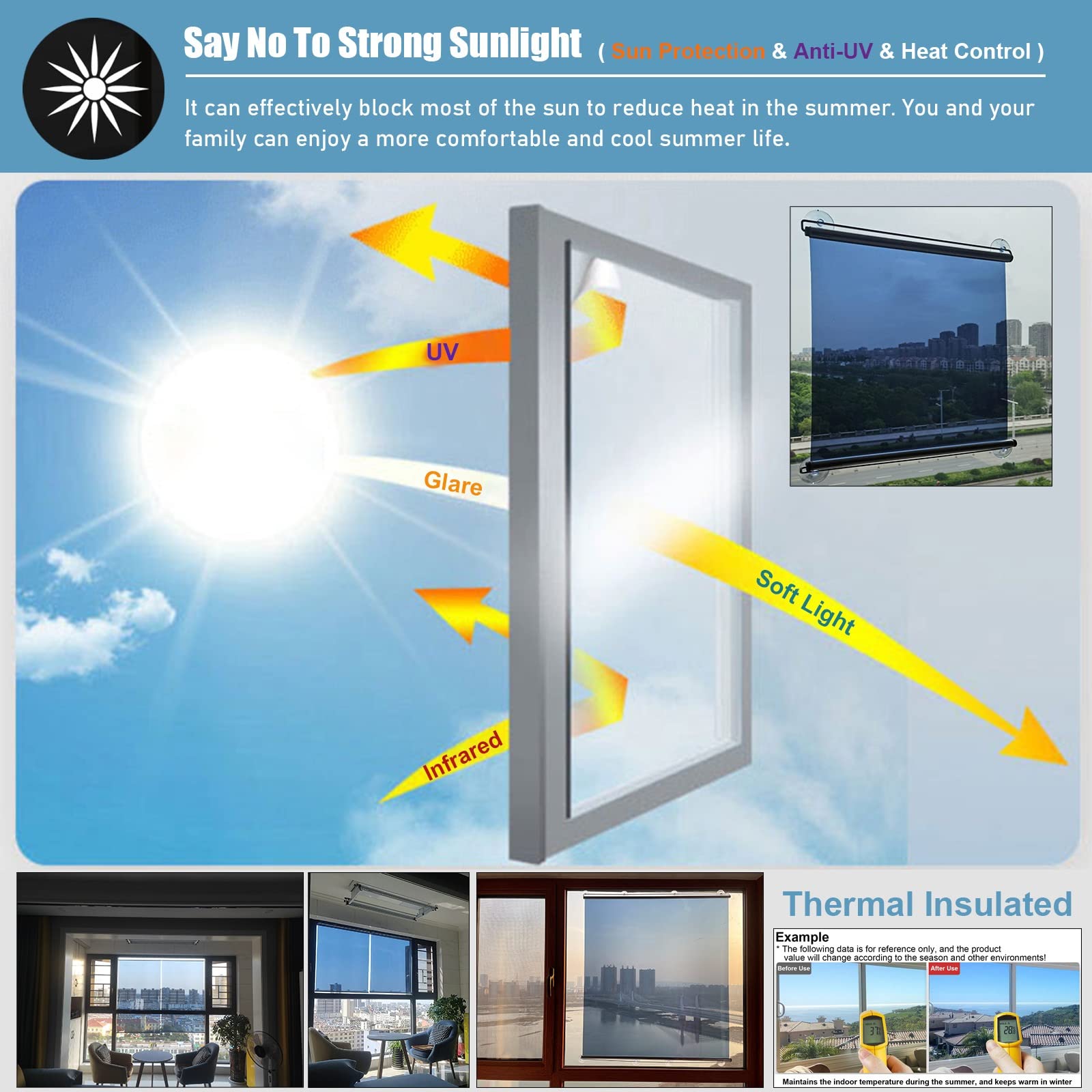 Blue One-Way Mirror Sun Shade Roller Blind with Suction Cups - Anti-UV Portable Window Cover Curtain for Home, Office & Car (83x150cm/32.6x59in) - Perfect for Privacy, Sun Protection & Temperature Control