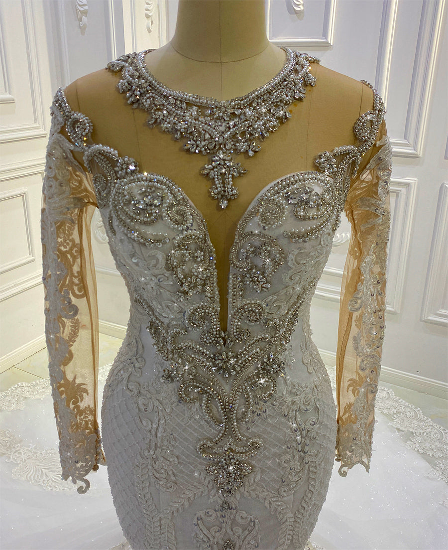 Elegant Long Sleeve Lace Applique Mermaid Wedding Dress with Crystal Details - AM1032 Bridal Gown for 2022 Brides | Perfect for Church Ceremonies, Beach Weddings & Formal Receptions