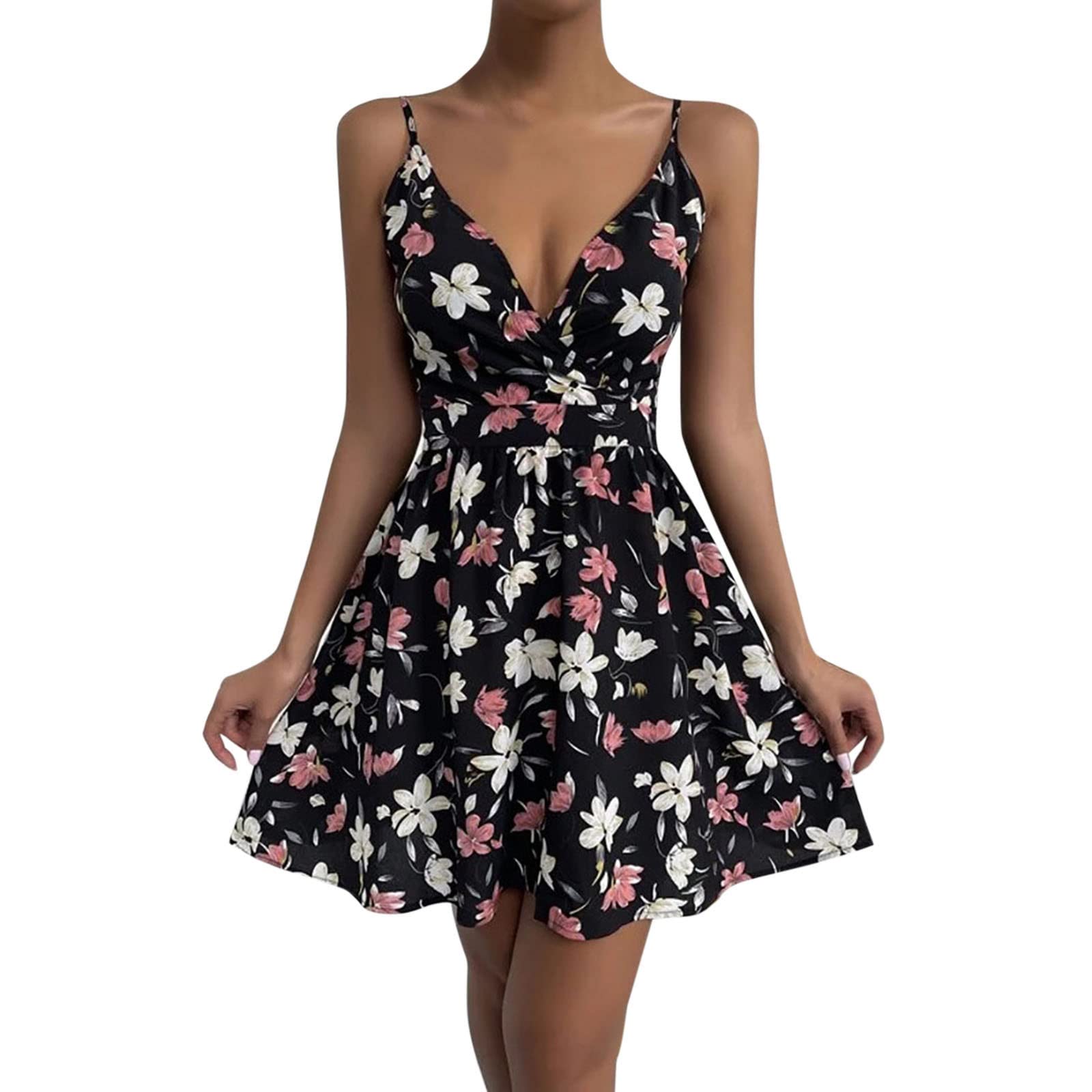 Women's Floral Print V-Neck Spaghetti Strap Summer Dress - Sleeveless Short Slip Dress with Ruffles for Beach Vacation, Date Night & Casual Outings
