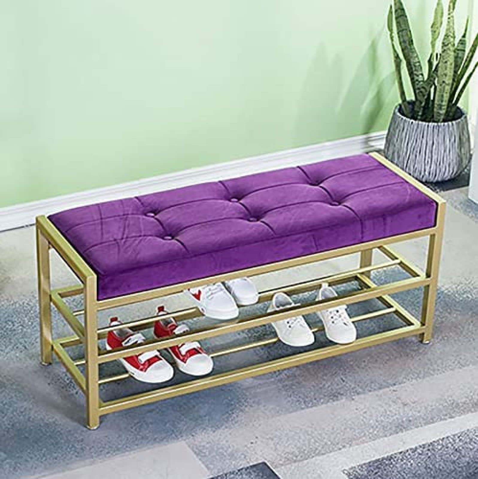 Modern Velvet Entryway Bench with Golden Shoe Shelf - 80x35x45cm (31x14x18in) Shoe Organizer & Storage Bench in Purple - Perfect for Hallway, Bedroom, or Living Room Décor