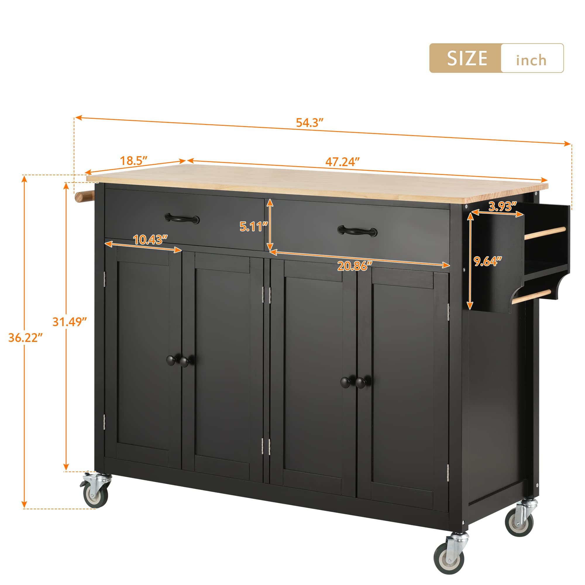 Premium Rolling Kitchen Island Cart with Storage Cabinet & Drawers - Solid Wood Countertop, Lockable Casters, Adjustable Shelves & Towel Rack - Mobile Kitchen Trolley for Small Spaces, Apartments & Home Cooking