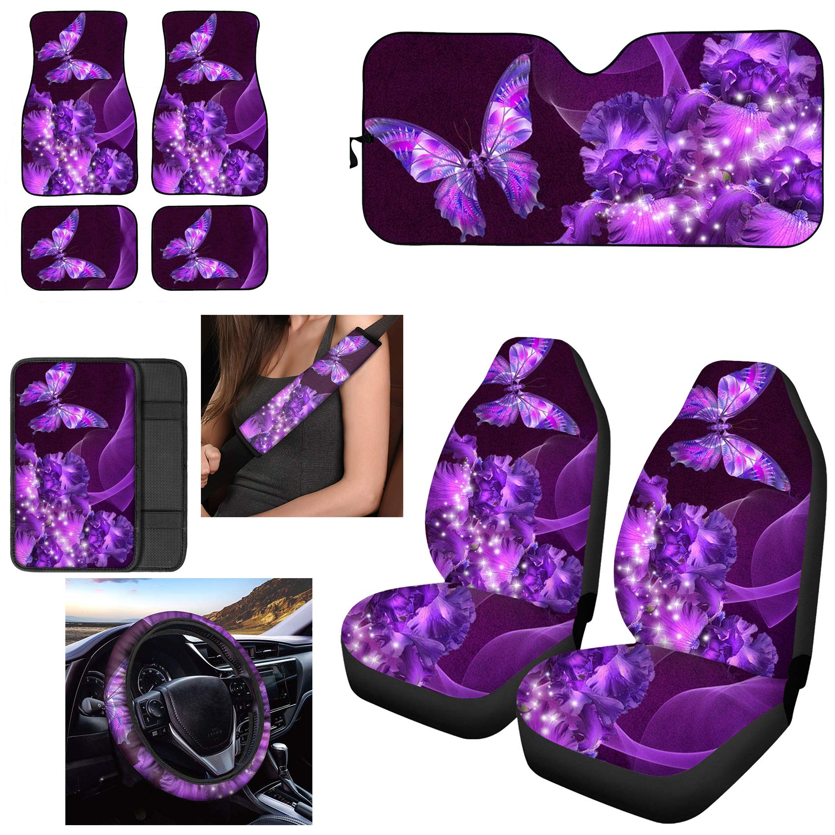 UNICEU Purple Butterfly Flower Car Accessories Set - Universal Front Seat Covers, Steering Wheel Cover, Floor Mats, Seat Belt Pads, Armrest Pad & Sunshade for Most Vehicles | Perfect for Sedans, SUVs & Trucks | Stylish Protection & Comfort Upgrade
