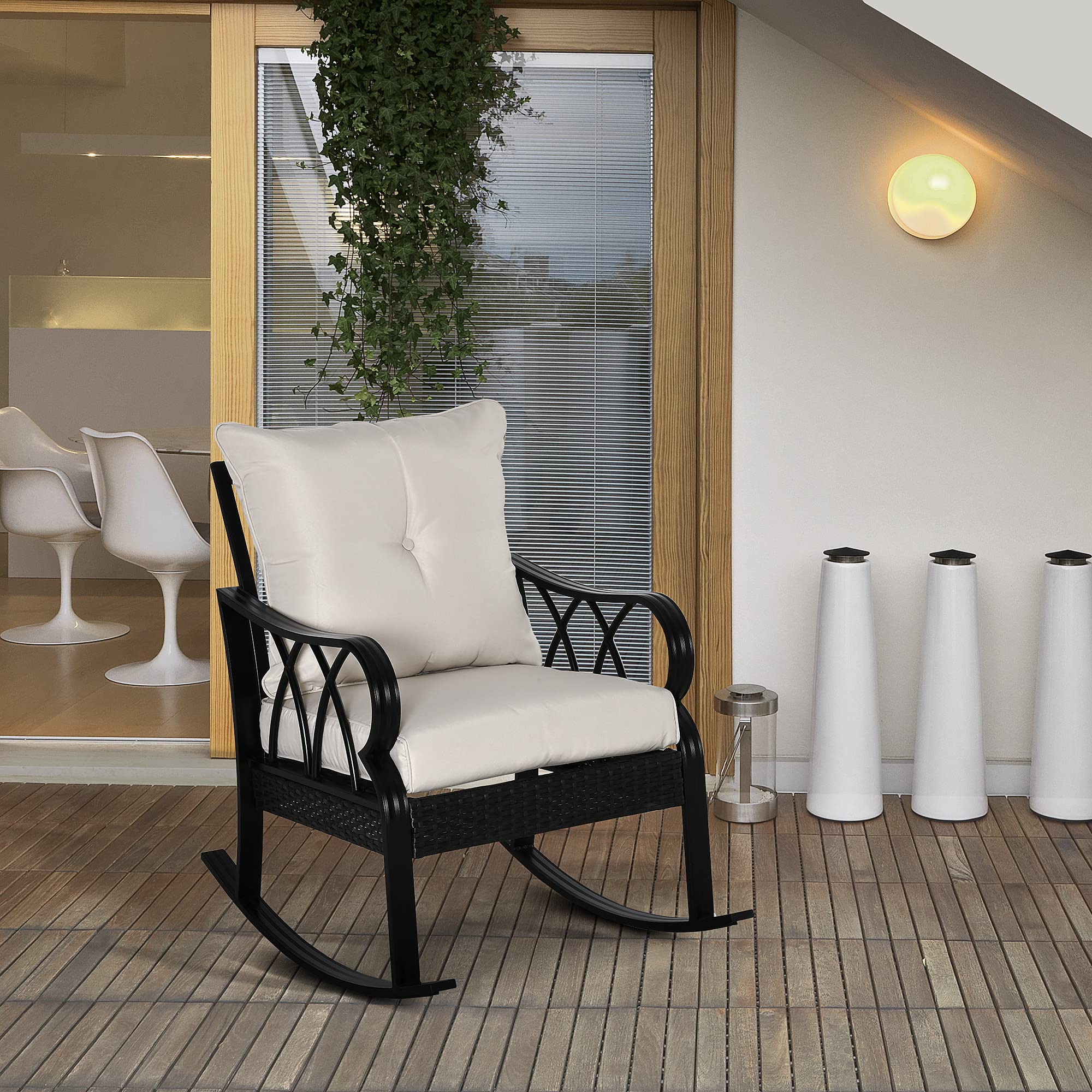 Outsunny Outdoor Wicker Rocking Chair with Padded Cushions - Aluminum Frame Rattan Porch Rocker with Armrests for Patio, Garden & Backyard - Comfortable Khaki Lounge Chair for Relaxing, Reading & Sunbathing