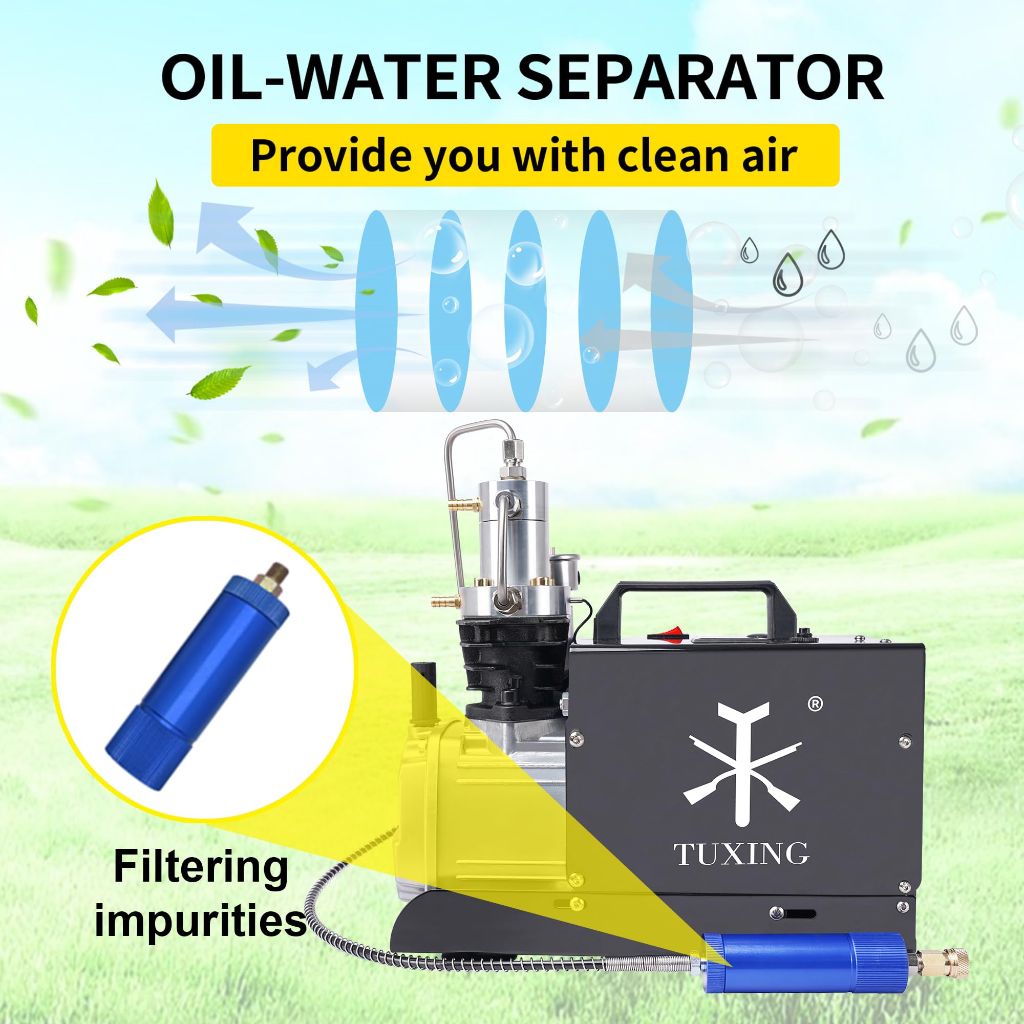 TUXING 4500Psi PCP Air Compressor with Adjustable Auto Stop - High Pressure Water Cooling Pump for PCP Air Rifles & Scuba Tank Charging - 110V Portable Compressor for Hunting, Paintball & Diving (Model TXES022)
