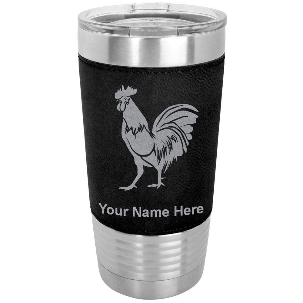 LaserGram 20oz Vacuum Insulated Stainless Steel Tumbler Mug with Personalized Engraving - Rooster Design, Faux Leather Handle, Black - Perfect for Coffee, Tea & Cold Drinks at Home, Office or Travel