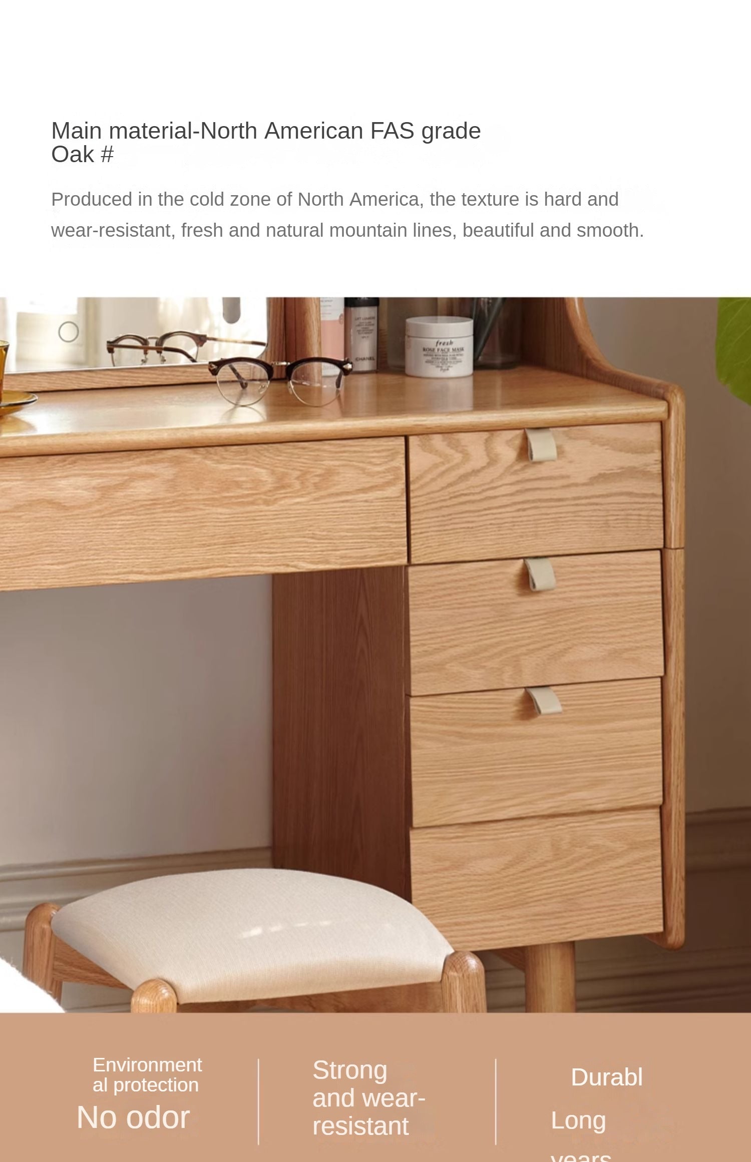 Solid Oak Wood Japanese Bamboo Curtain Dressing Table - Elegant Vanity Desk for Bedroom, Living Room, or Home Office Decor