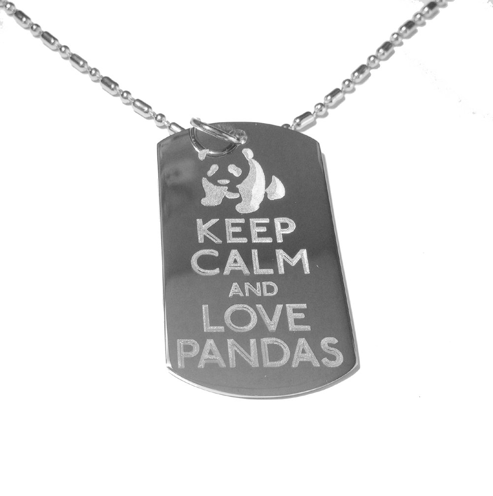 Keep Calm and Love Pandas Metal Necklace - Panda Bear Logo Military Dog Tag & Luggage Tag with Chain - Perfect for Travel, Gifts, and Animal Lovers