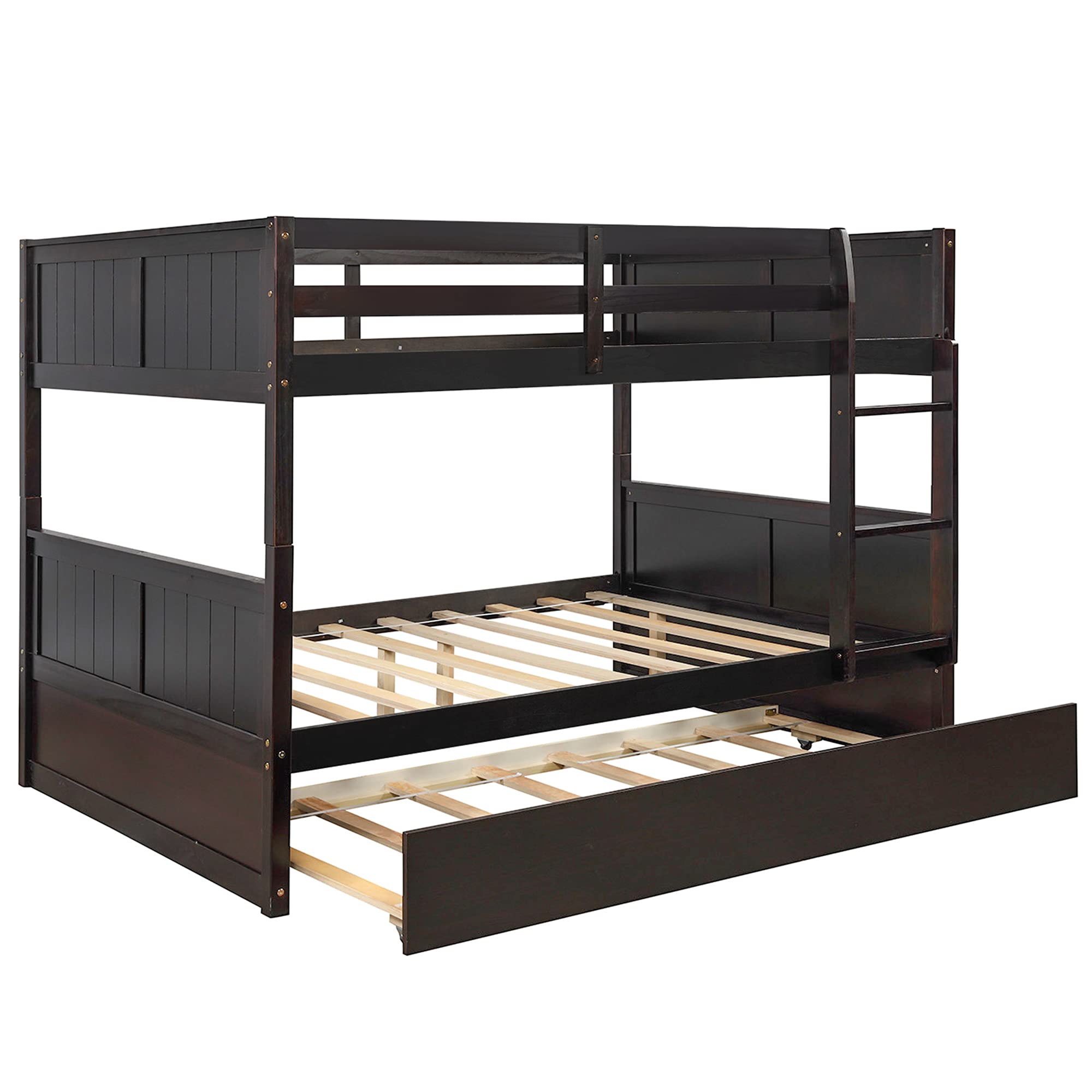 P PURLOVE Full Over Full Bunk Bed with Twin Trundle - Solid Wood Bunk Bed Frame with Safety Rail & Ladder - Space Saving Bunk Beds for Kids, Teens & Guest Rooms - No Box Spring Needed (Espresso Finish) - Perfect for Small Bedrooms, Dorms & Vacation Homes