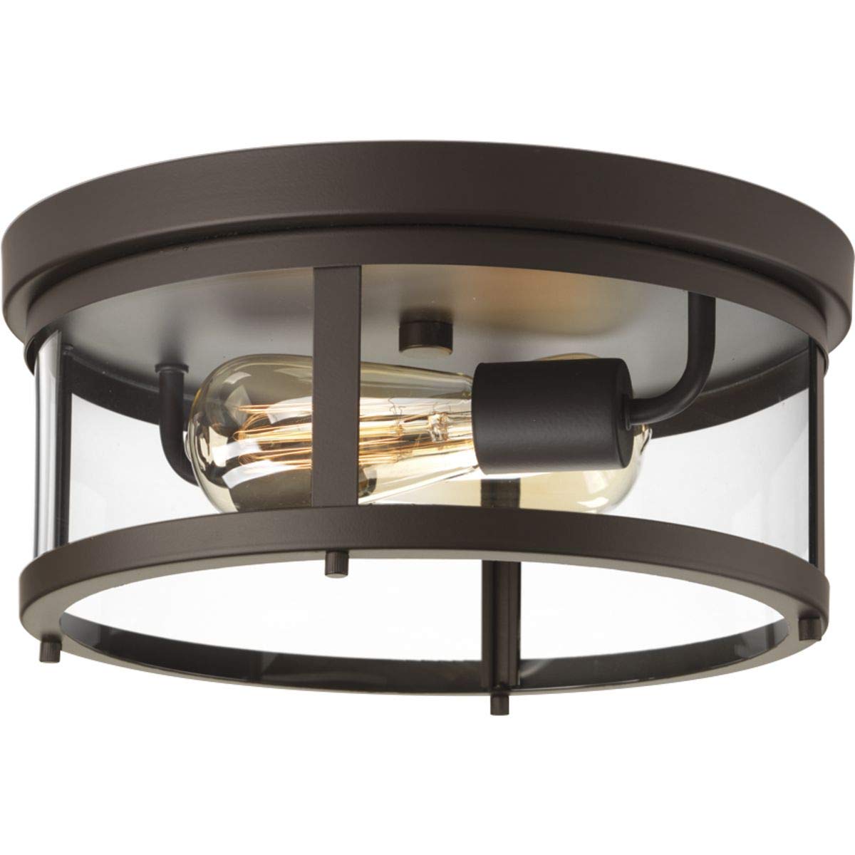 Progress Lighting Gunther Collection 2-Light Clear Glass Farmhouse Outdoor Flush Mount Light in Antique Bronze (5.75x12.63x12.63) - Perfect for Porch, Patio & Entryway Lighting