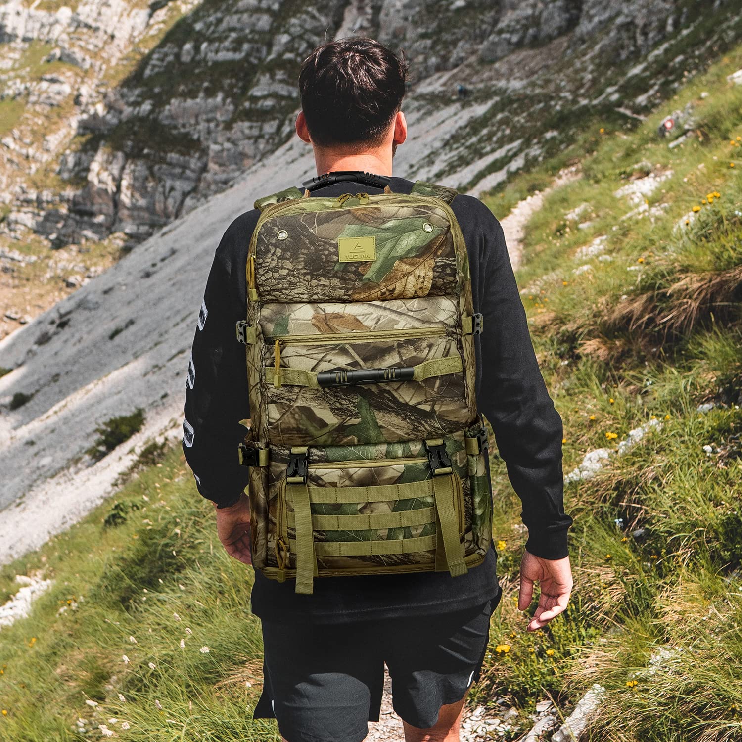 TUGUAN 50L/60L Expandable Military Tactical Backpack for Men - Waterproof Camouflage Laptop Hiking Backpack with Shoe Compartment, Large Capacity Durable Canvas Rucksack for Travel, Camping, Climbing & Outdoor Adventures