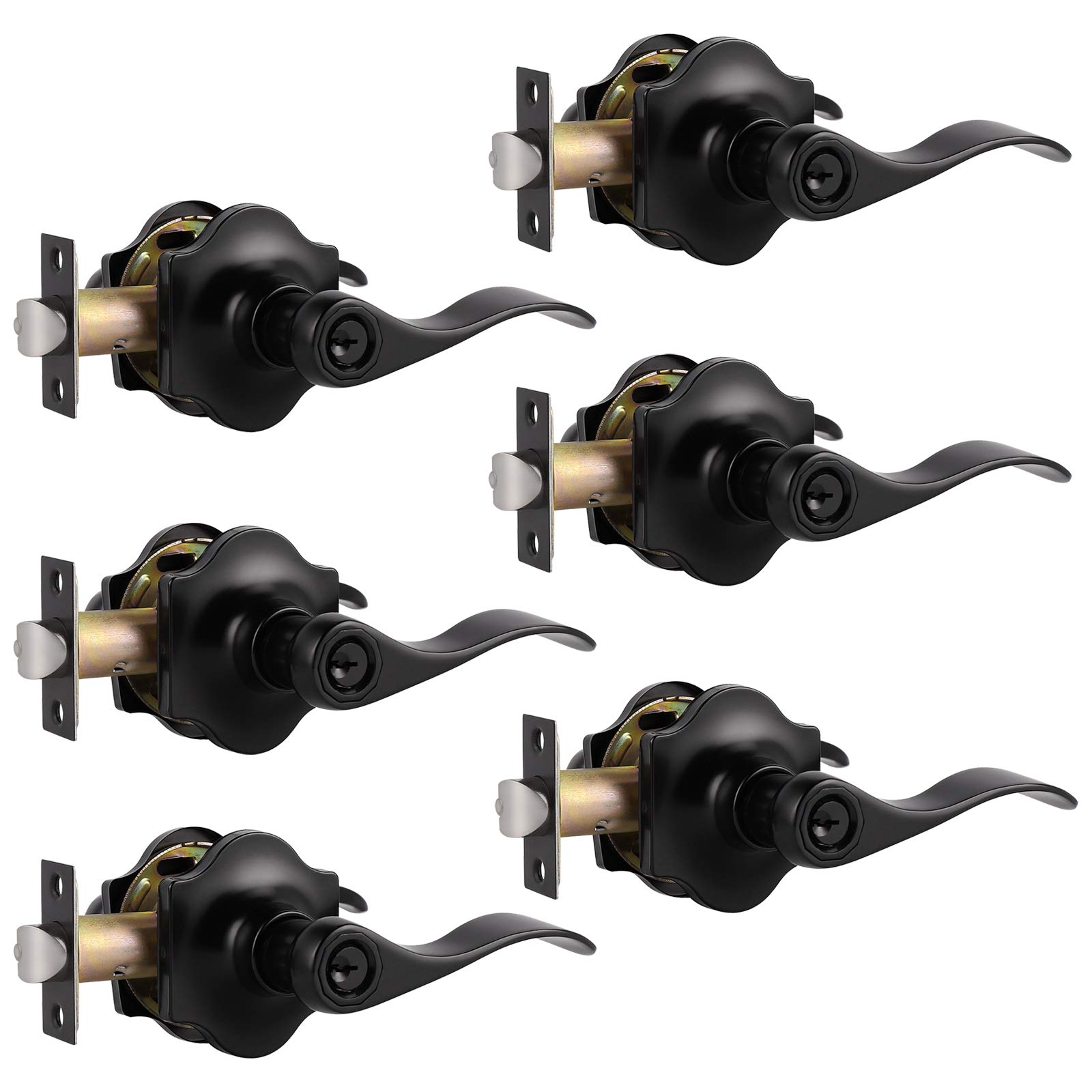 Probrico 6-Pack Keyed Entry Door Locks - Camelot Style Wave Door Levers in Black Stainless Steel - Interior & Exterior Door Handlesets for Left & Right Hand Doors (85061BK) - Perfect for Homes, Offices, and Commercial Buildings Security Upgrade