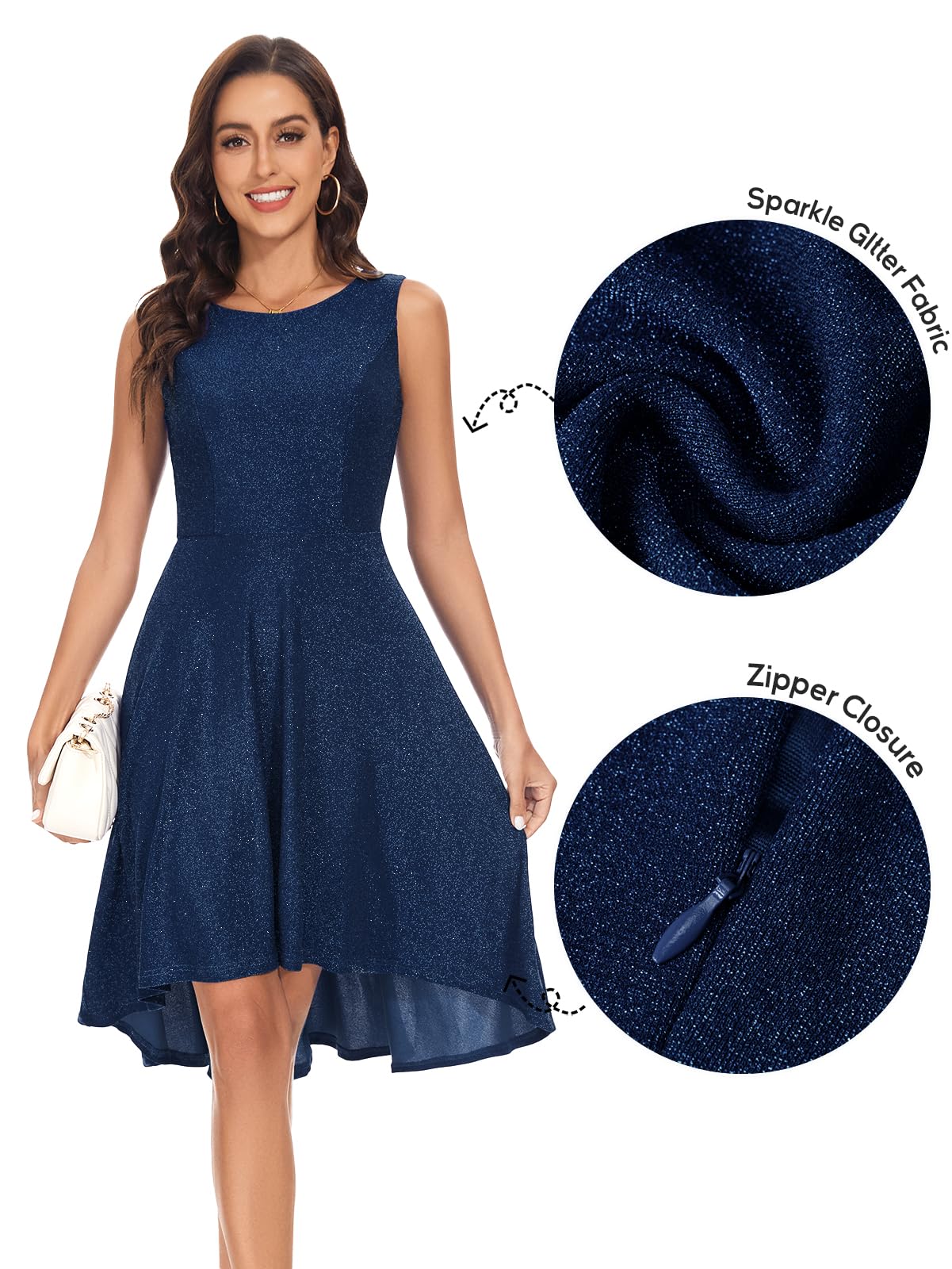 Bbonlinedress Women's Summer Sleeveless Glitter Swing Dress for Cocktail Party, Prom & Formal Occasions | Elegant Midi Dress for Night Out, Wedding Guest & Special Events