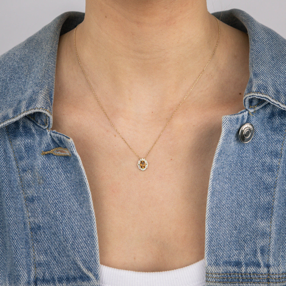 0.44 Carat Lab-Created Citrine & Diamond Oval Pendant in 9K Yellow Gold - Elegant Jewelry Gift for Women, Perfect for Weddings & Special Occasions