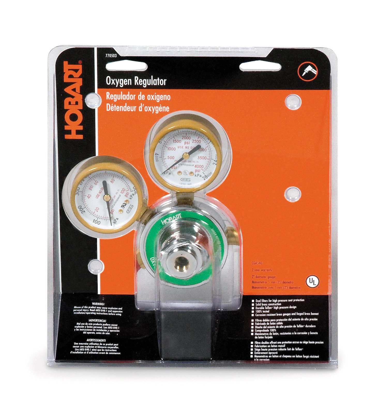 Hobart 770503 CGA-540 Medium Duty Oxygen Regulator with Dual Gauge - High Flow Gas Pressure Control for Welding, Cutting & Industrial Applications