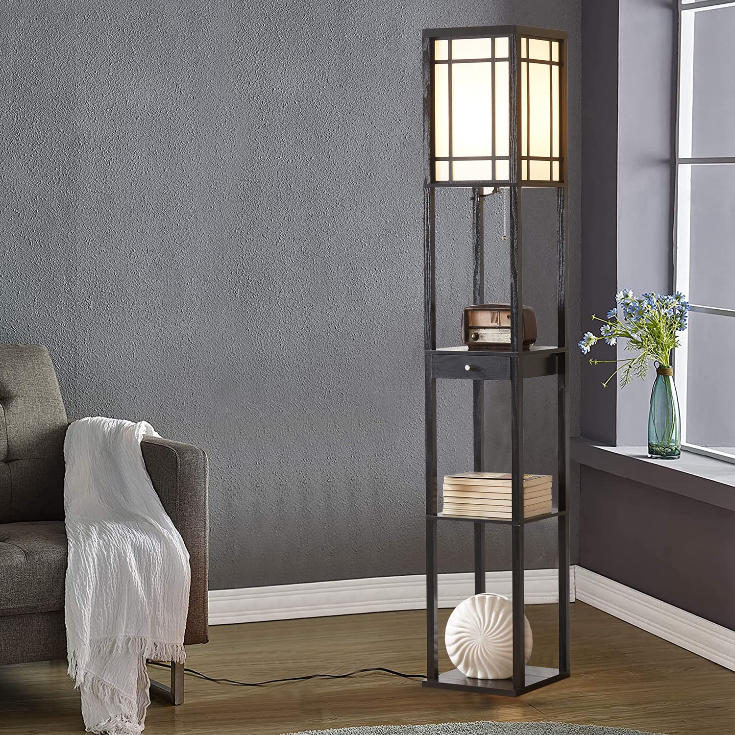 Modern Floor Lamp with Shelves & Drawer - LED Bulb Included, Space-Saving Corner Tower Lamp with Storage, Tall Bookshelf Nightstand Light for Living Room, Bedroom, Office - Perfect for Reading & Home Decor (Black)