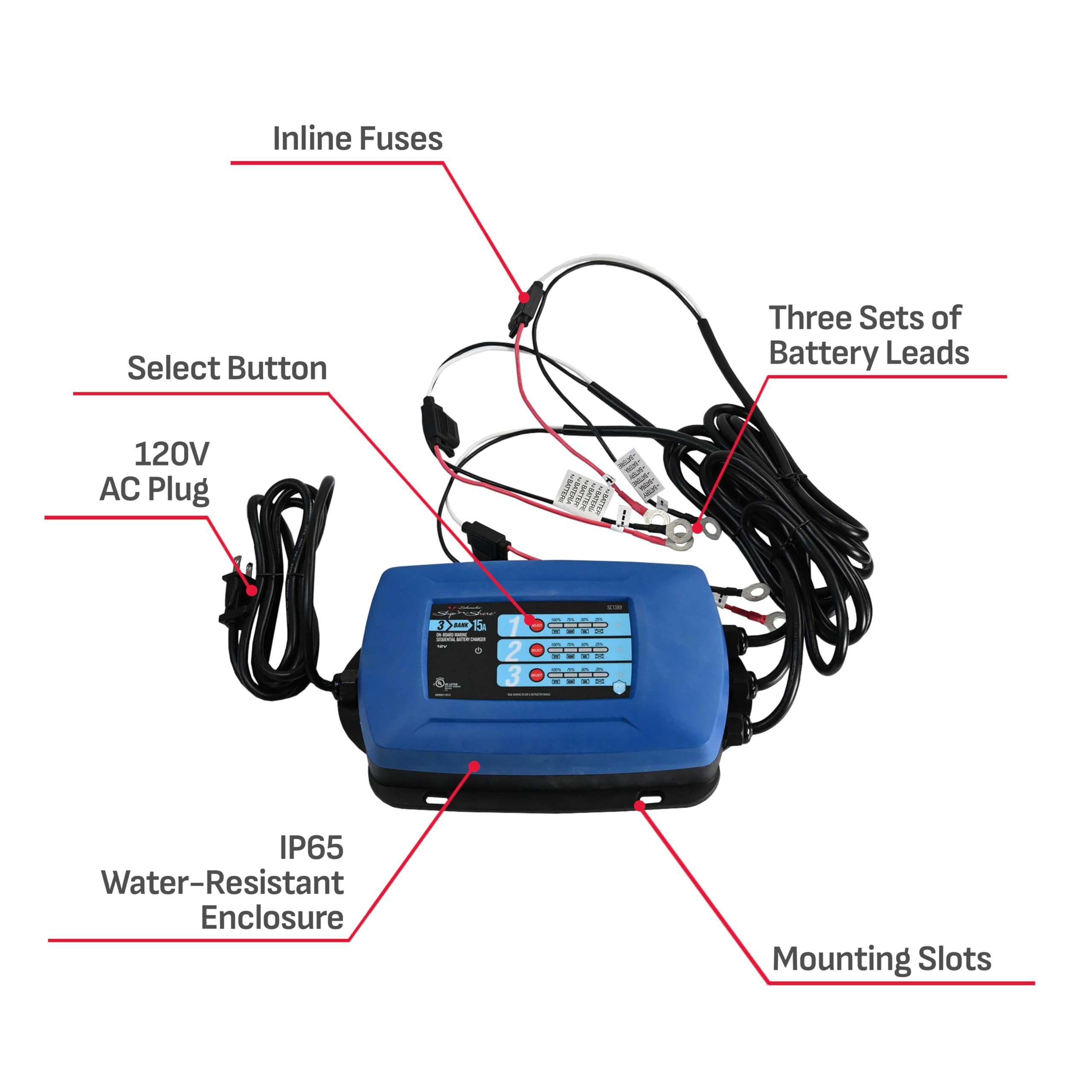 Schumacher SC1389 15 Amp 12V Fully Automatic Battery Charger & Maintainer for Marine, RV, Boat - Direct Mount 3-Battery System - Ideal for Long-Term Storage & Off-Season Maintenance