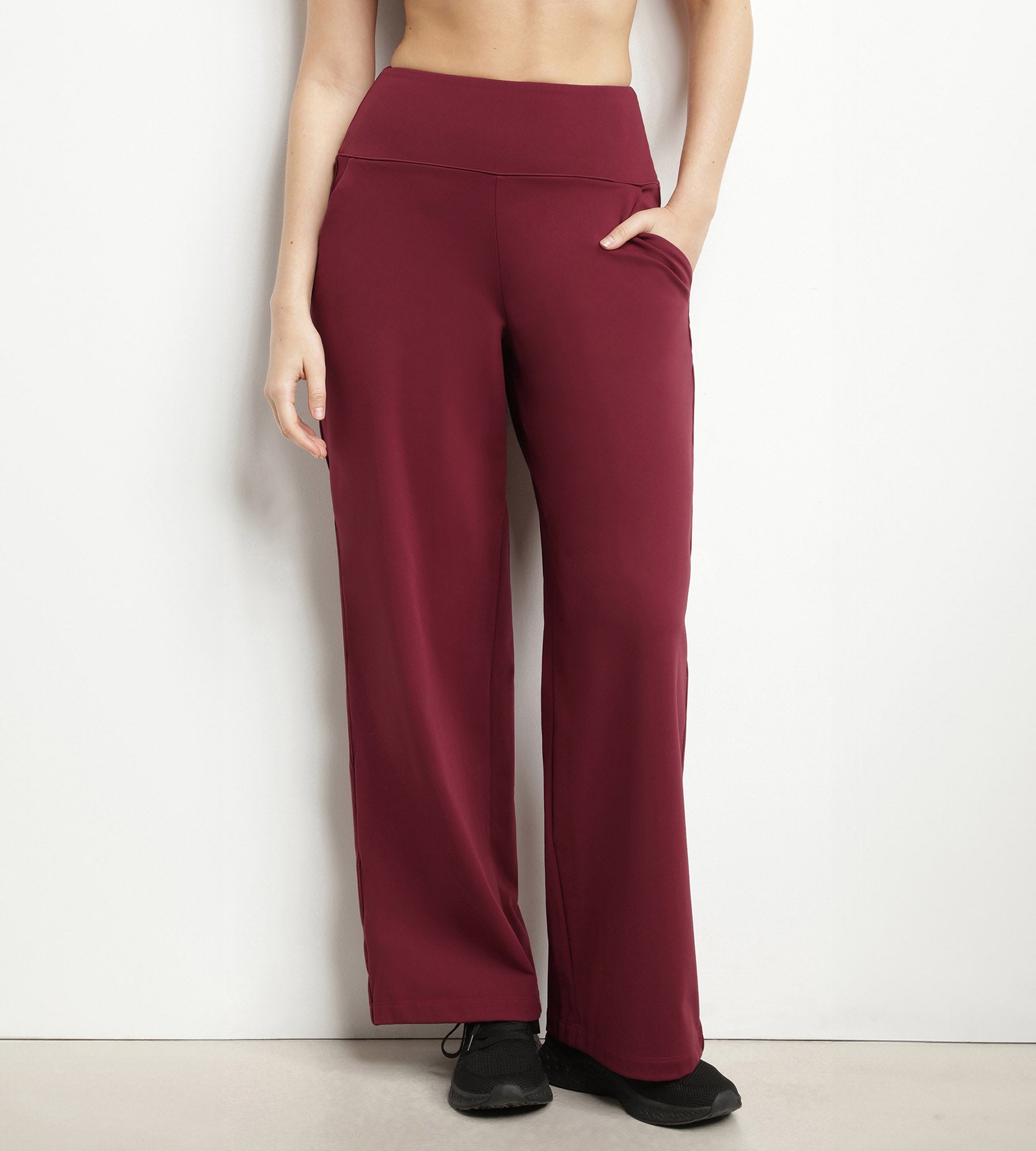Women's Stretch Jersey Wide Leg Sport Pants in Bordeaux - Comfortable Athletic Lounge Pants for Yoga, Running & Casual Wear