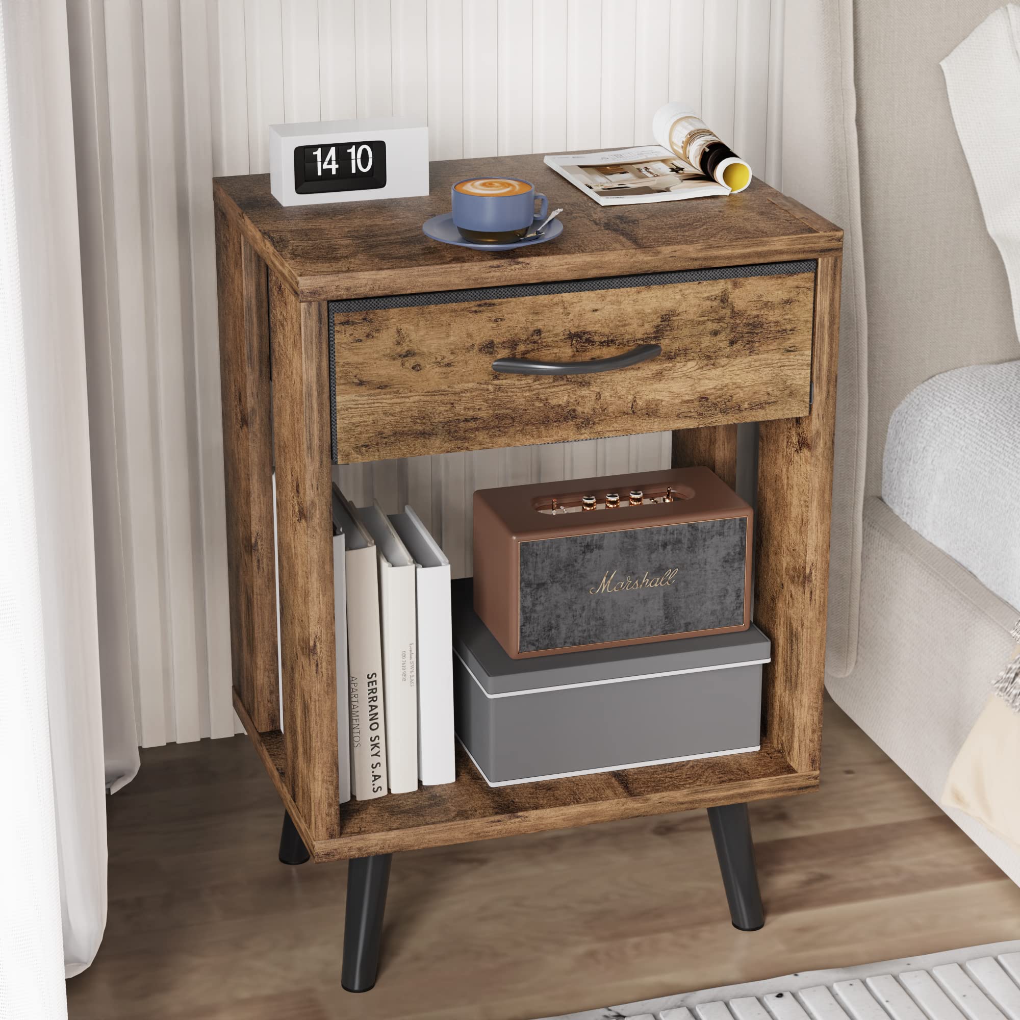Rustic Nightstand Set of 2 with Fabric Drawers and Open Shelves - Bedside End Tables for Bedroom, Living Room, or Office - Perfect for Storage and Decor