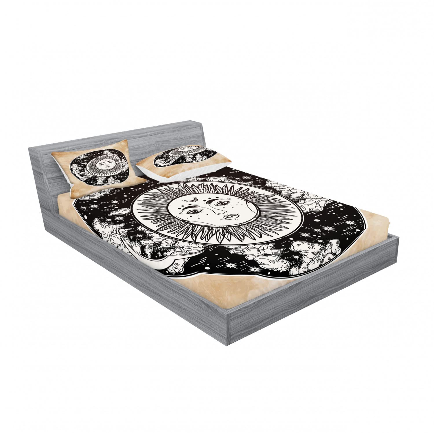 Ambesonne Tribal 2-Pack Queen Size Fitted Sheet Set with 4 Pillow Shams - Sun and Moon Design in Black, White & Cream | Bohemian Bedroom Decor for Guest Rooms & Dorm Essentials