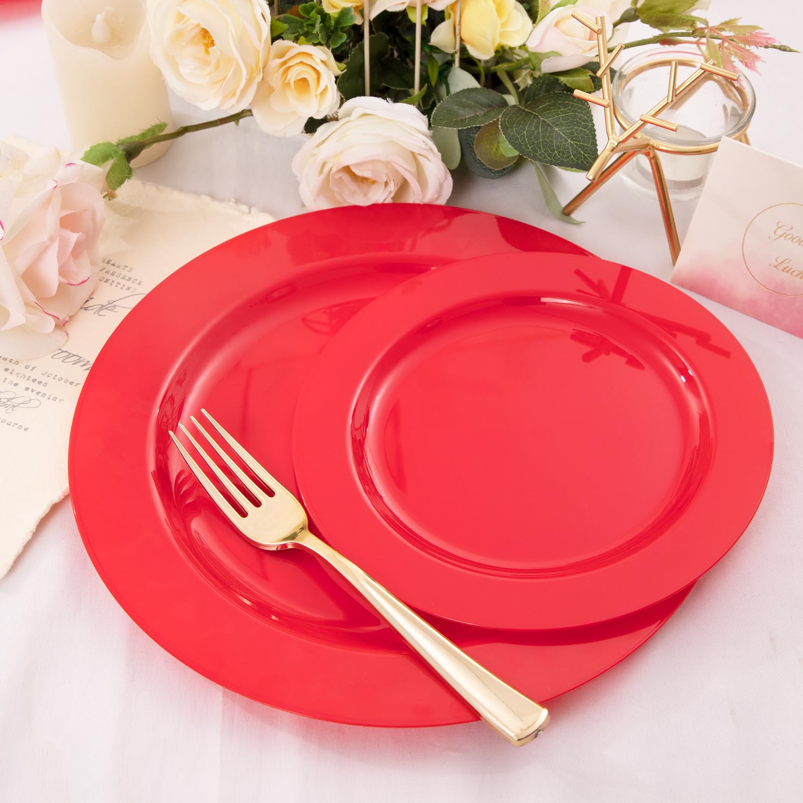 FLOWERCAT 60PCS Heavy Duty Disposable Red Plastic Plates Set - 30PCS 10.25 Inch Dinner Plates & 30PCS 7.5 Inch Dessert/Salad Plates - Perfect for Parties, BBQs, Picnics, and Family Gatherings