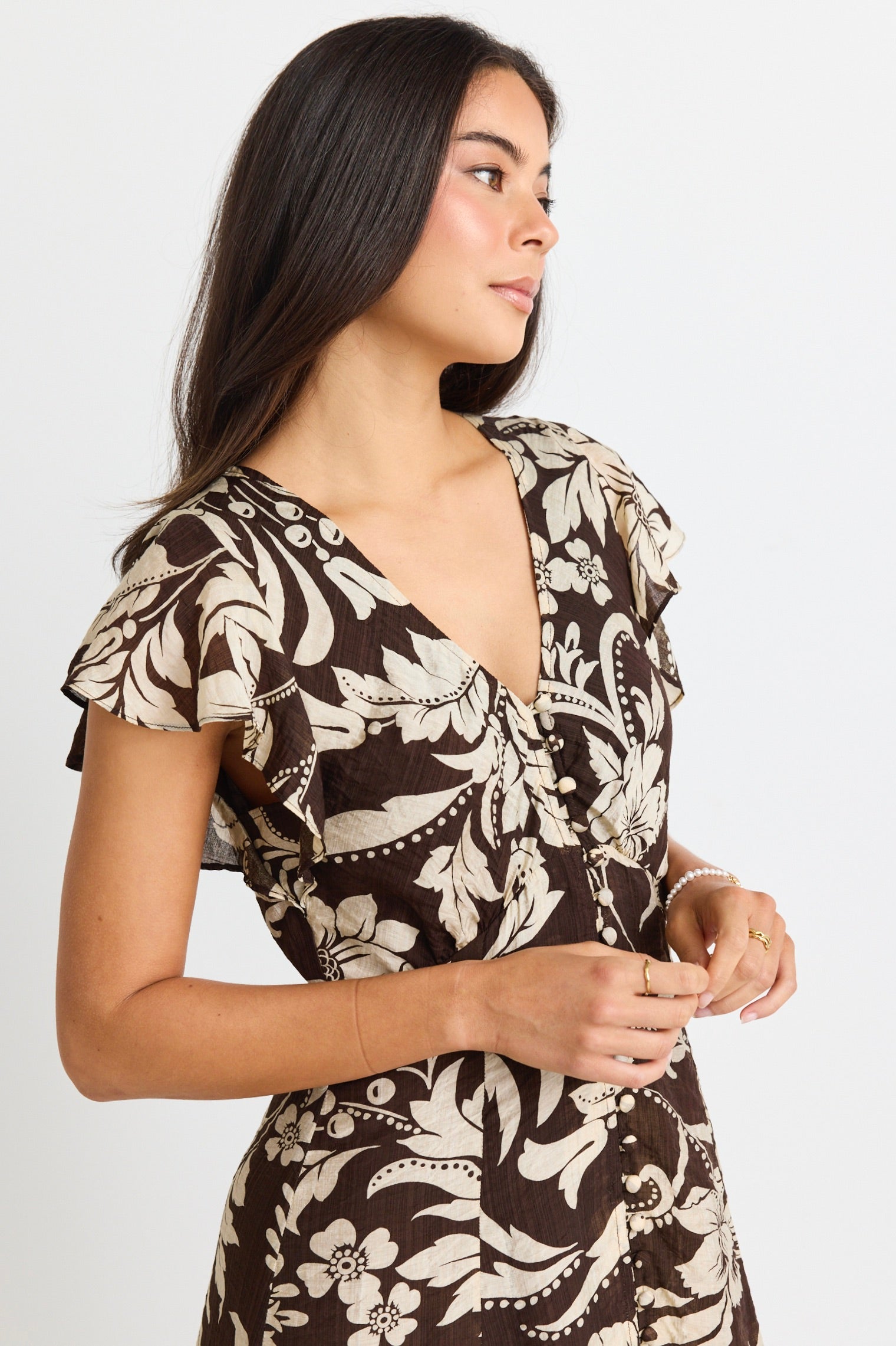 Elegant Floral Print Fluted Sleeve Button Front Midi Dress for Women | Perfect for Weddings, Parties & Date Nights