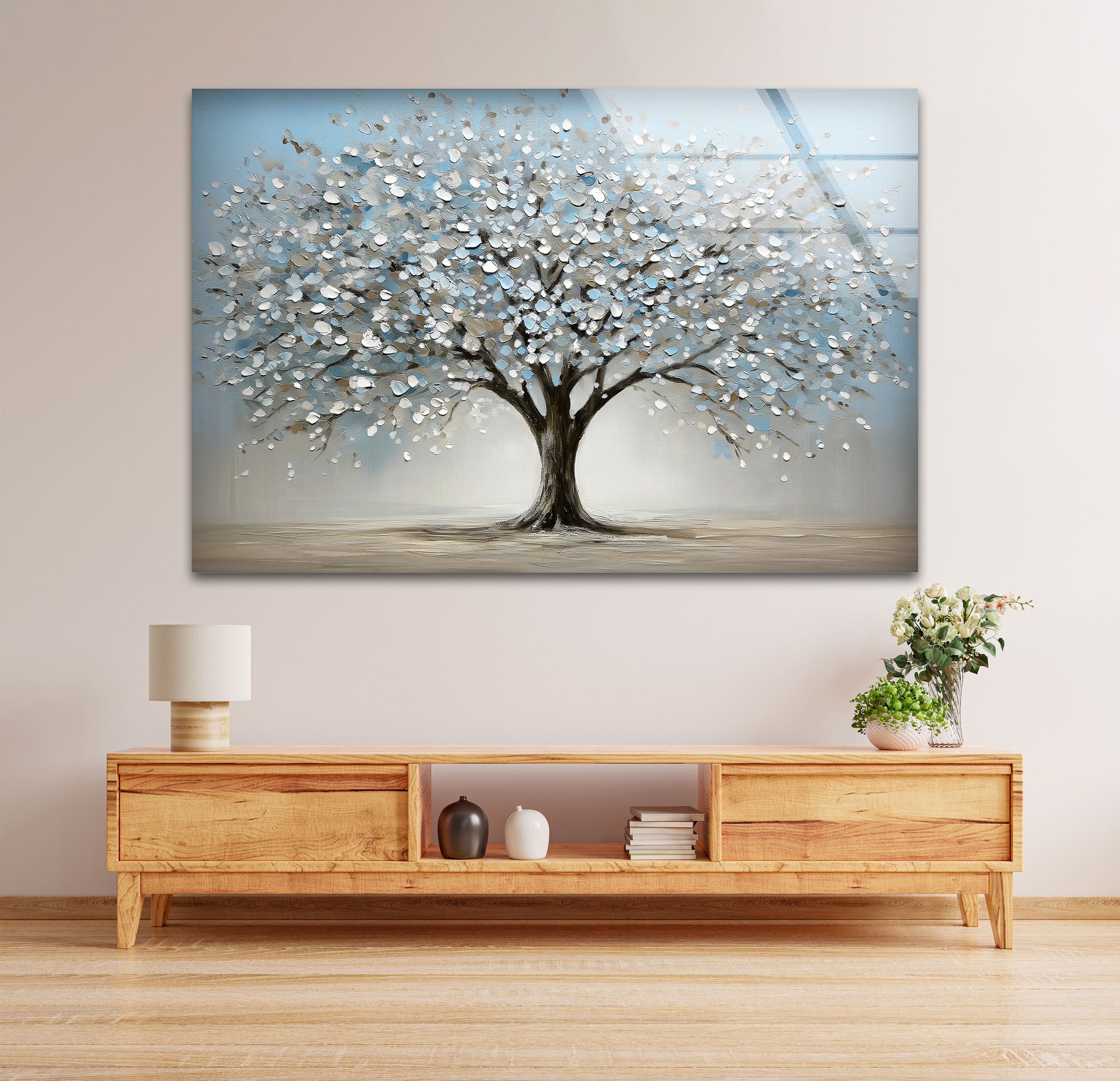Blossoming Serenity Tree - Modern Textured Glass Wall Art Decor for Living Room, Bedroom & Office | Nature-Inspired Home Decor