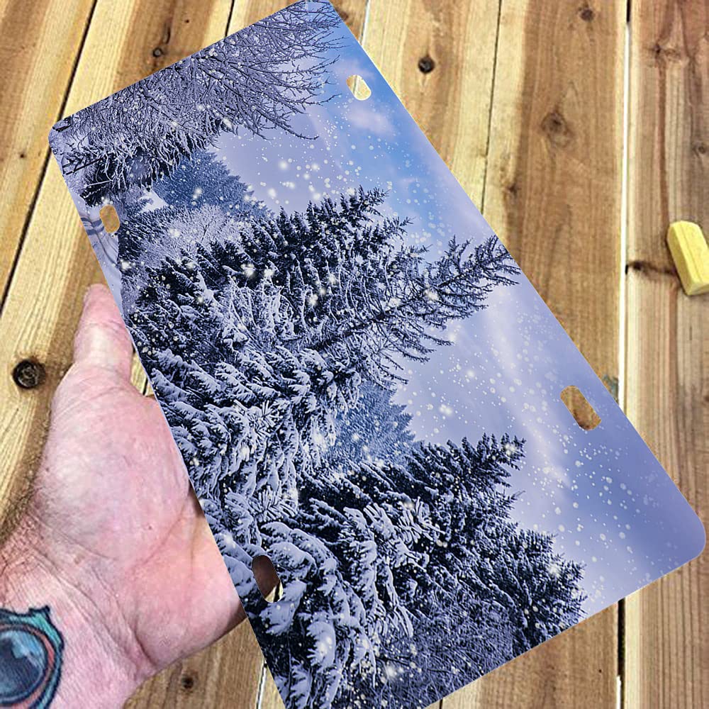 WONDERTIFY Winter Landscape Snowy Pine Trees Mountain Road Christmas Novelty Vanity Decorative Metal Car License Plate - 12