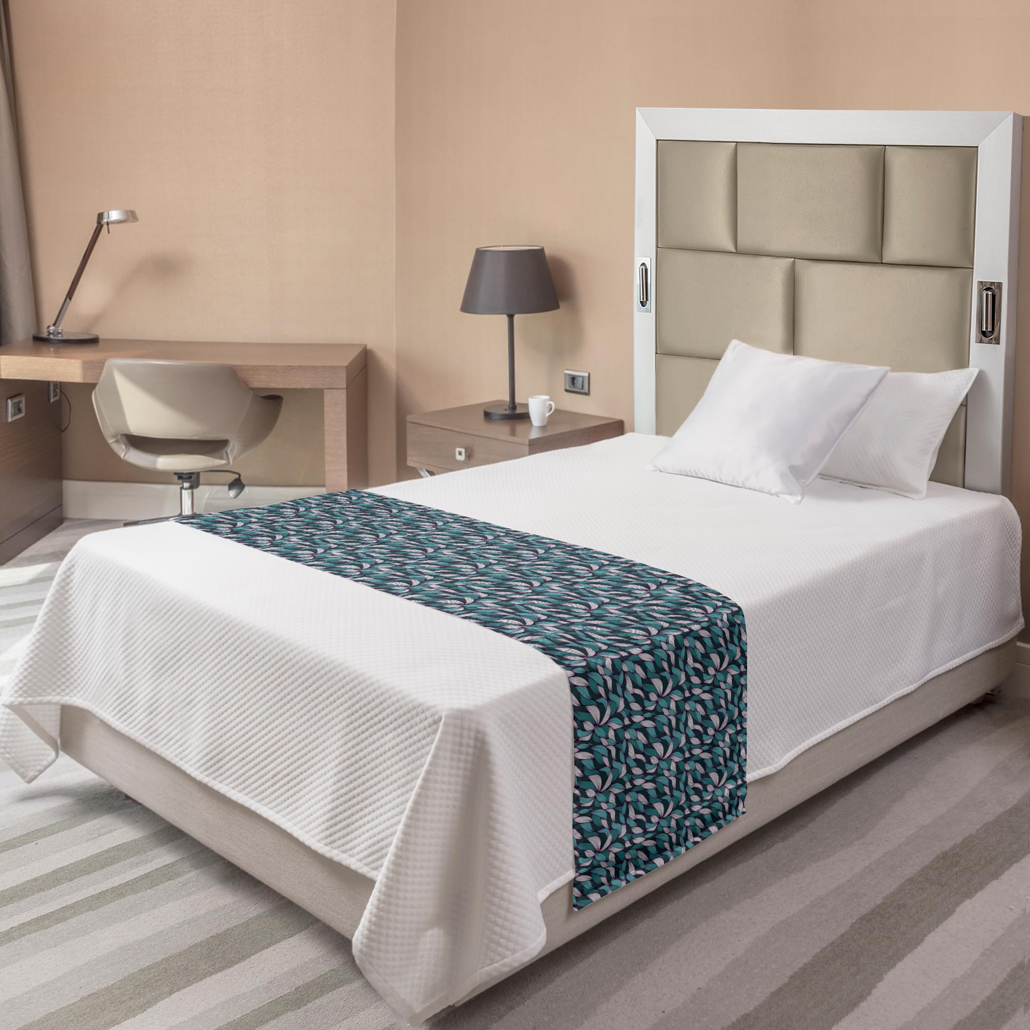 Ambesonne Abstract Bed Runner - Modern Joining Lines & Tangled Curly Pattern - Decorative Bed Scarf for Queen King Beds - Teal Violet White Design - Perfect for Hotels, Homes & Guest Room Decor