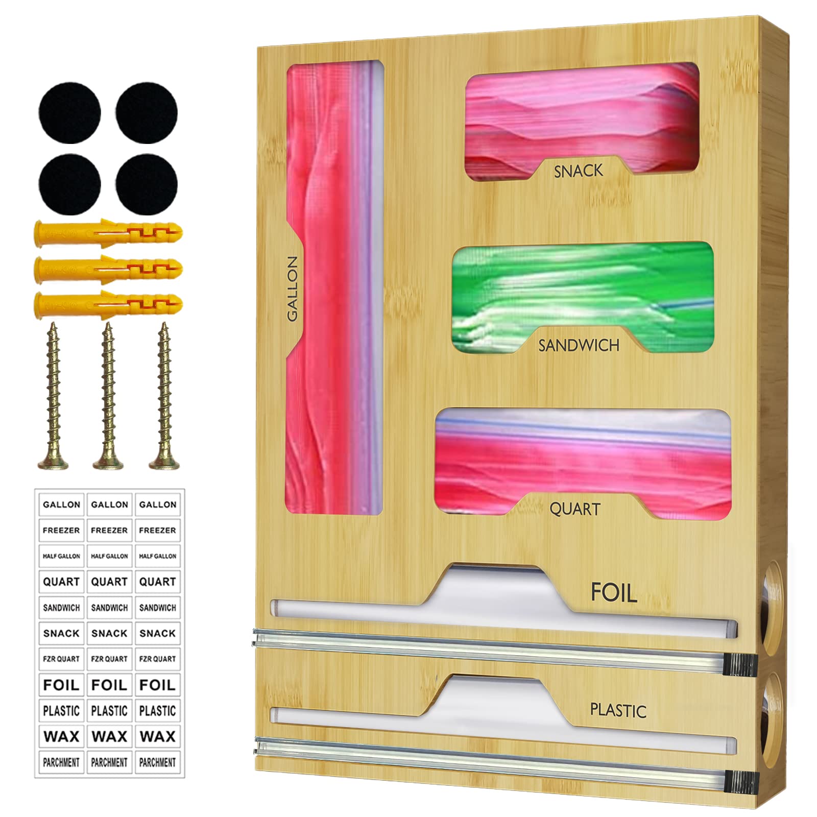 6-in-1 Kitchen Wrap Organizer Set - Foil & Plastic Wrap Dispenser with Cutter + 4 Storage Bags for Ziplock - Perfect for Kitchen Drawer Organization & Food Storage