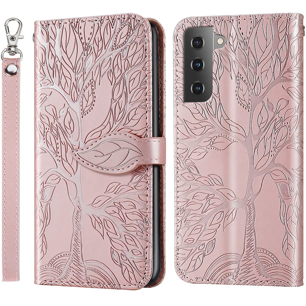 Premium PU Leather Samsung Galaxy S22 Case with Card Slots & Kickstand - Embossed Tree Design, Wrist Strap, 6.1 inch Protective Phone Cover (Rose) - Perfect for Daily Use, Travel & Hands-Free Viewing