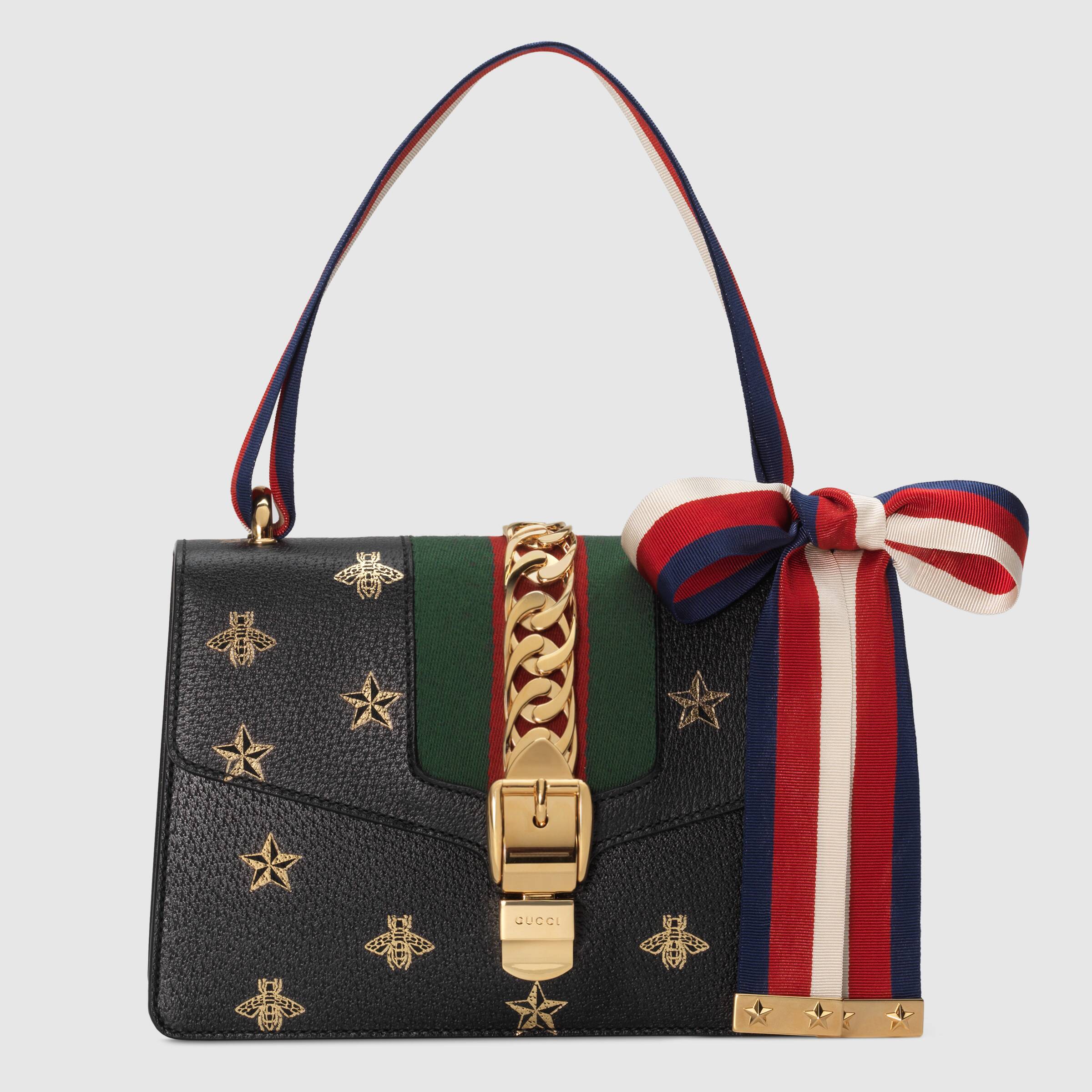 Gucci Sylvie Bee Star Small Shoulder Bag for Women - Luxury Black Leather Crossbody Purse with Gold Chain Strap, Perfect for Date Night, Parties & Special Occasions