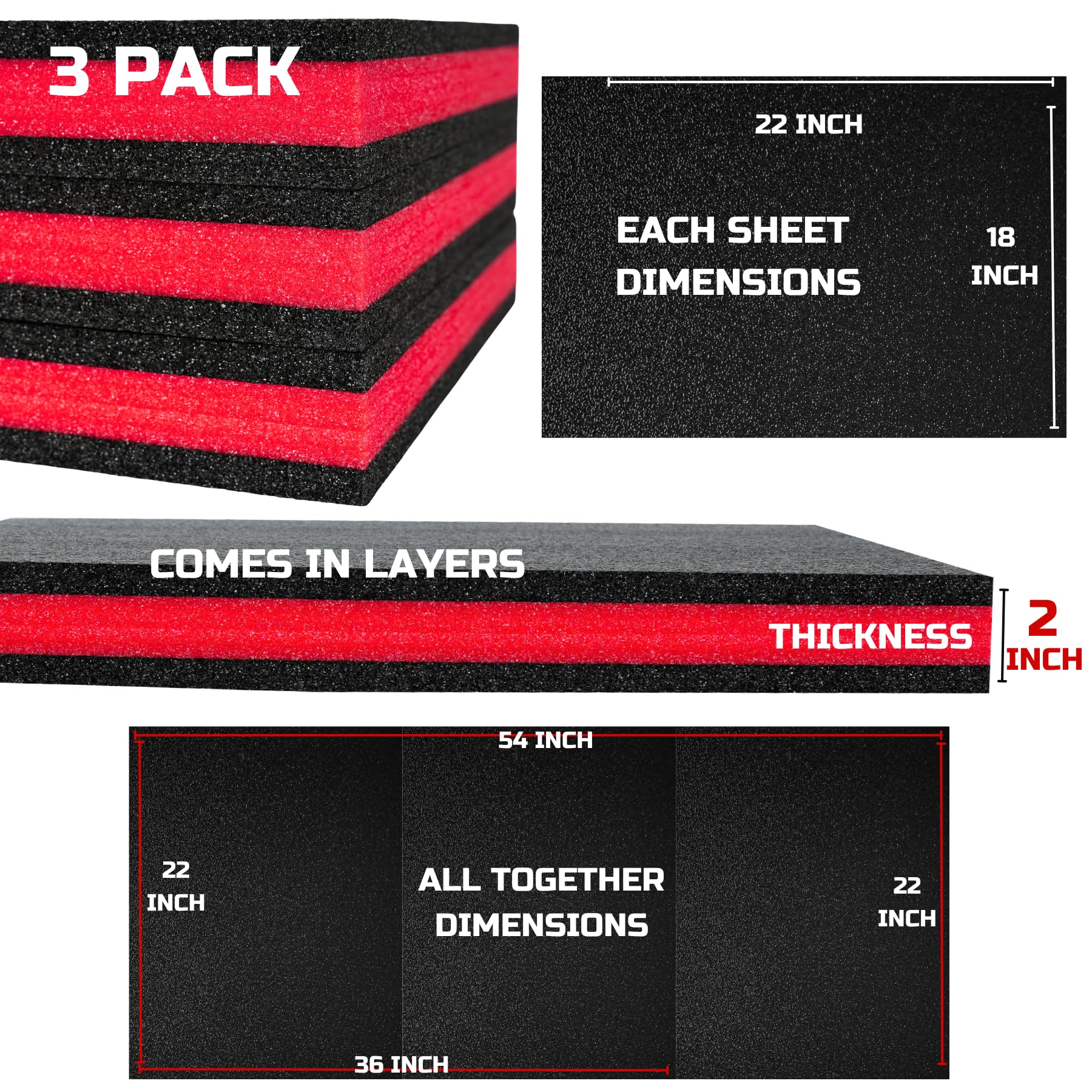 3-Pack 22x18x2 Inch Tool Box Foam Inserts - Polyethylene Storage Sheets for Hard Cases, Kaizen Organizer & Tool Shadow Foam - Perfect for Tool Organization in Workshops, Garages & Professional Toolboxes