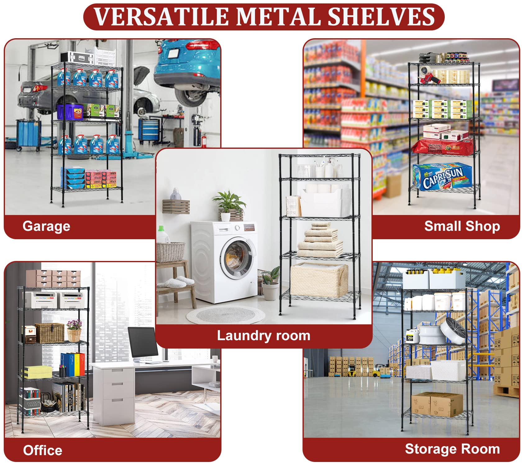 5 Tier Heavy Duty Wire Shelving Unit - NSF Certified, Adjustable Steel Storage Shelves for Garage, Kitchen, Office & Commercial Use - 14