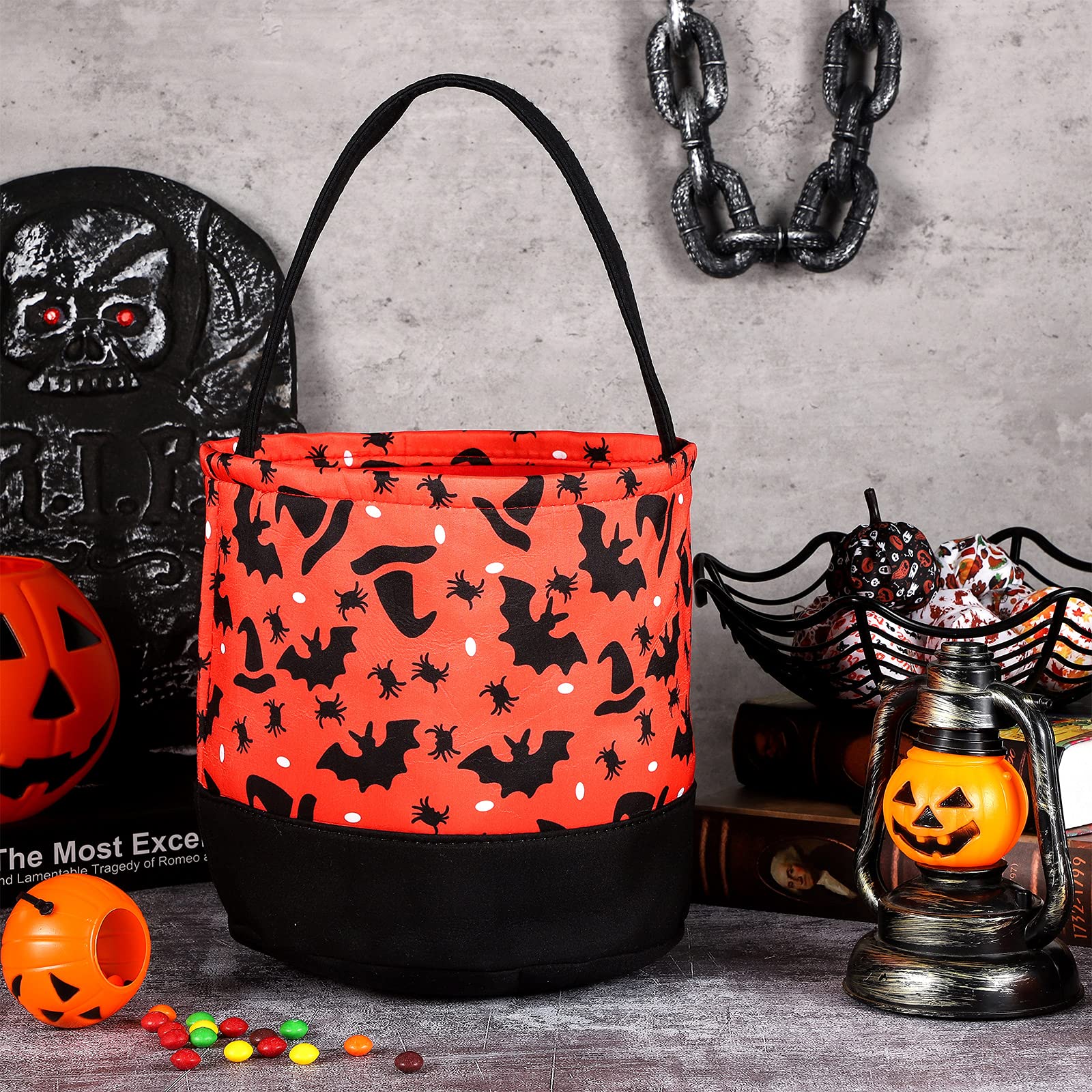 Halloween Party Favor Bags - Orange Trick or Treat Tote with Black Bat & Wizard Hat Design - Halloween Candy Buckets for Kids & Adults - Perfect for Trick-or-Treating, Halloween Parties & School Events