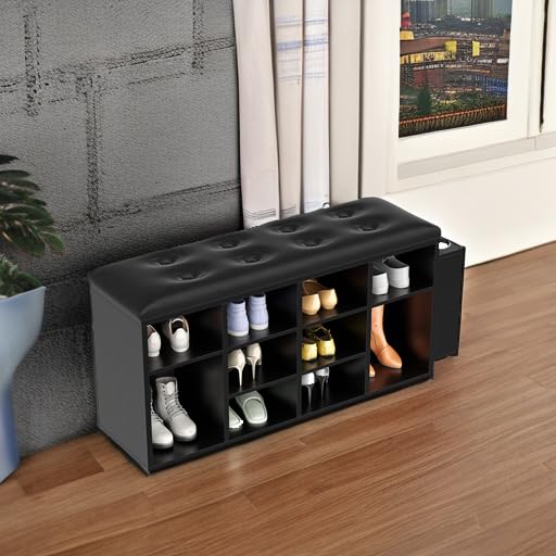 IRONCK 10-Cubby Shoe Storage Bench with Adjustable Shelves - PU Leather Entryway Organizer for Shoes, Hats & Accessories - Perfect for Living Room, Bedroom, Hallway & Mudroom Organization