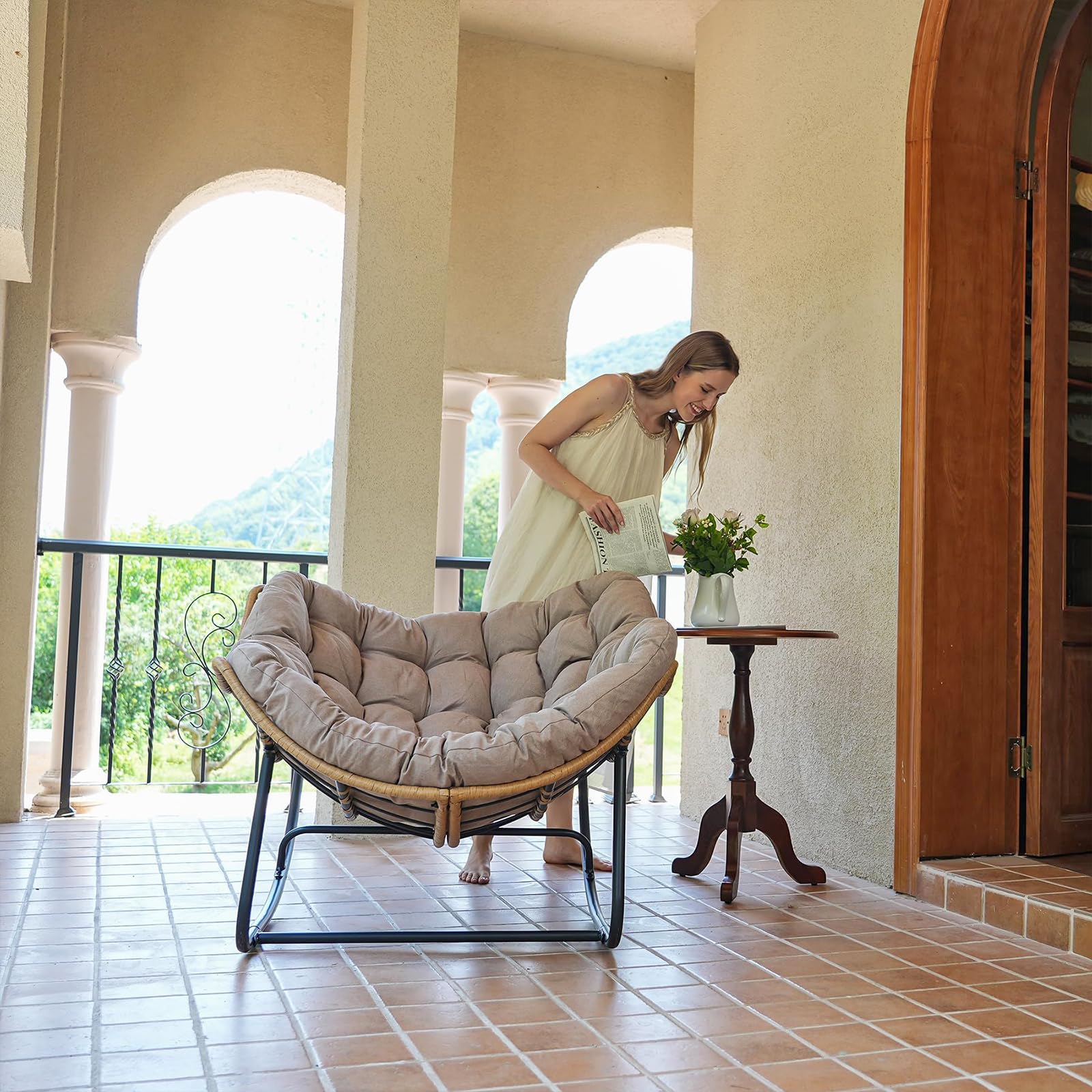 SWITTE Outdoor Rocking Chair - Egg-Shaped Patio Chair with Rattan Wicker Design, Modern Papasan Lounge Chair for Indoor & Outdoor Use - Perfect for Bedroom, Living Room, Porch, Garden and Lawn Relaxation (Beige)