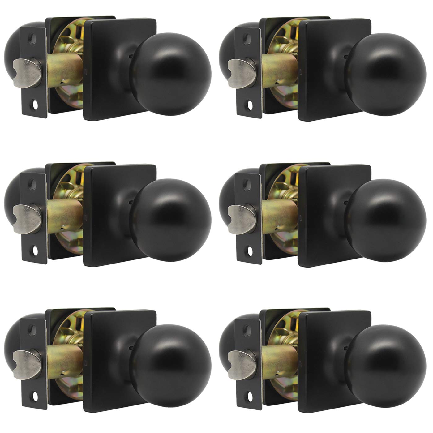 Gobrico 6-Pack Modern Matte Black Square Door Knobs - Keyless Passage Door Handles for Hallway, Closet, Laundry Room - Round Ball Style Interior Hardware for Home & Office Use