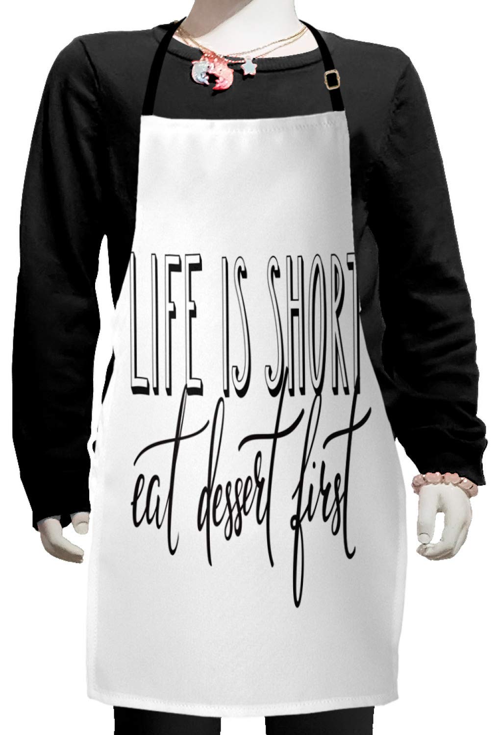 Ambesonne Eat Dessert First Apron - Adjustable Baking & Painting Bib with Inspirational Quote - Charcoal Grey & White Small Kitchen Apron - Perfect for Home Baking, Cooking, and DIY Crafts
