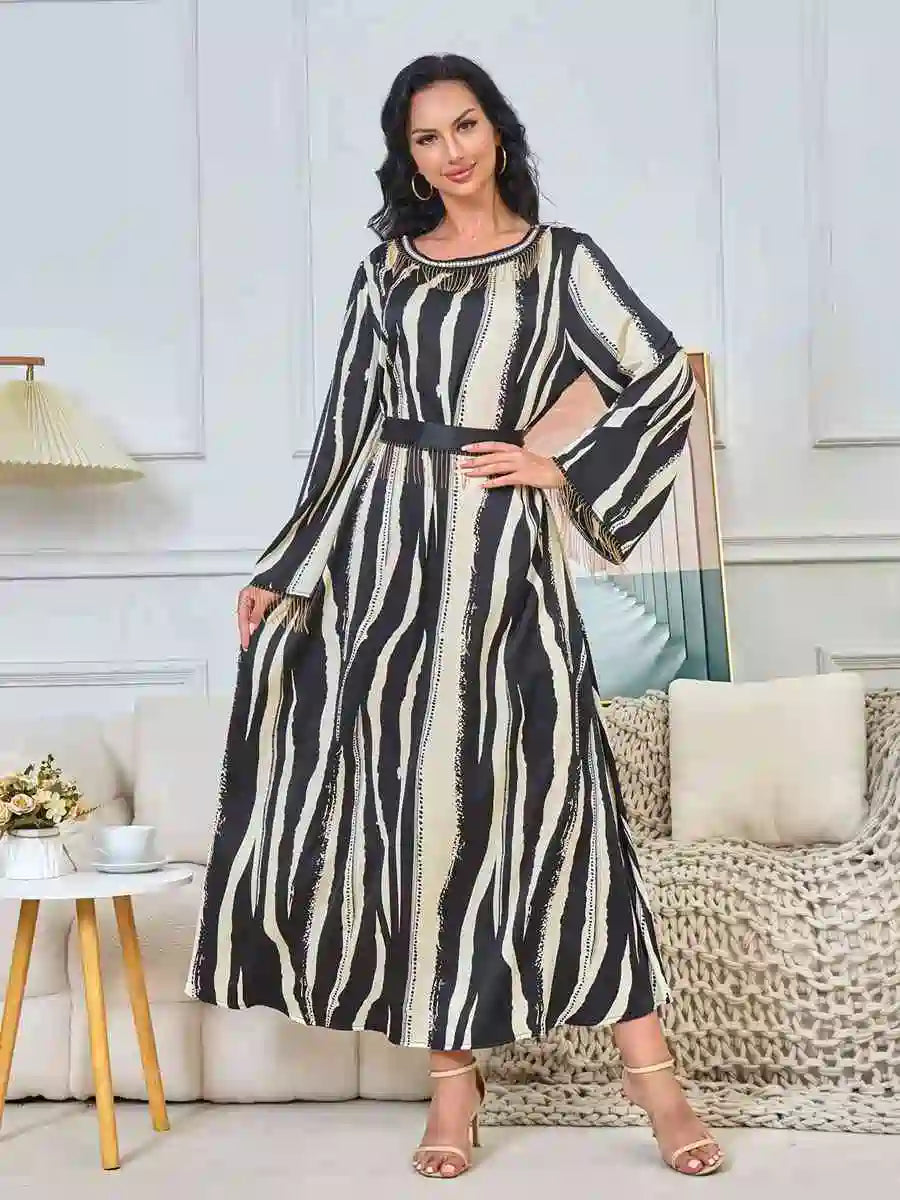 Elegant Eid Printed Tassel Caftan Dress for Women - Flowy Long Kaftan with Embroidery #25176 | Perfect for Eid Celebrations, Weddings & Special Occasions