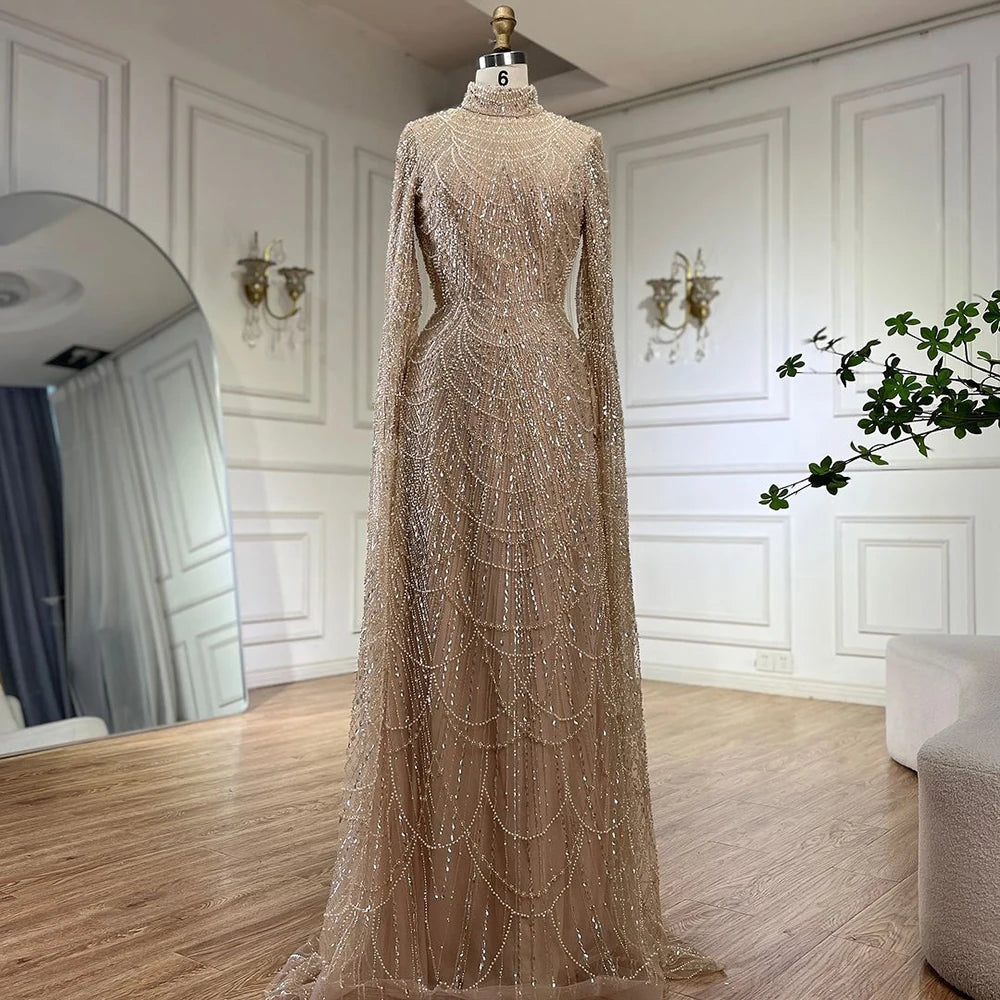 Luxury Dubai Muslim Sage Green Pearls Evening Dress with Cape - Plus Size LA72591 for Wedding, Party & Special Occasions