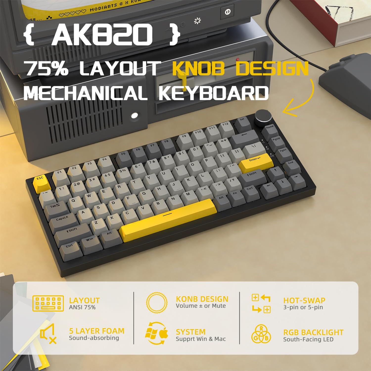 AJAZZ AK820 75% ANSI Layout Mechanical Gaming Keyboard with Knob - 82 Keys, Hot-Swap, RGB Backlit, 5 Sound-Dampening Foams, Linear Switch - Wired USB Keyboard for PC & Mac (Gray) - Perfect for Gaming, Office Work & Typing