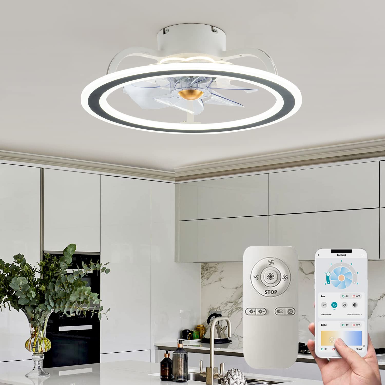 EKIZNSN 20 Inch Bladeless Ceiling Fan with LED Light - Flush Mount, Quiet AC Motor, Low Profile Design for Bedroom, Living Room, Office - Modern Black Home Cooling Solution (Perfect for Small Spaces and Energy-Efficient Lighting)