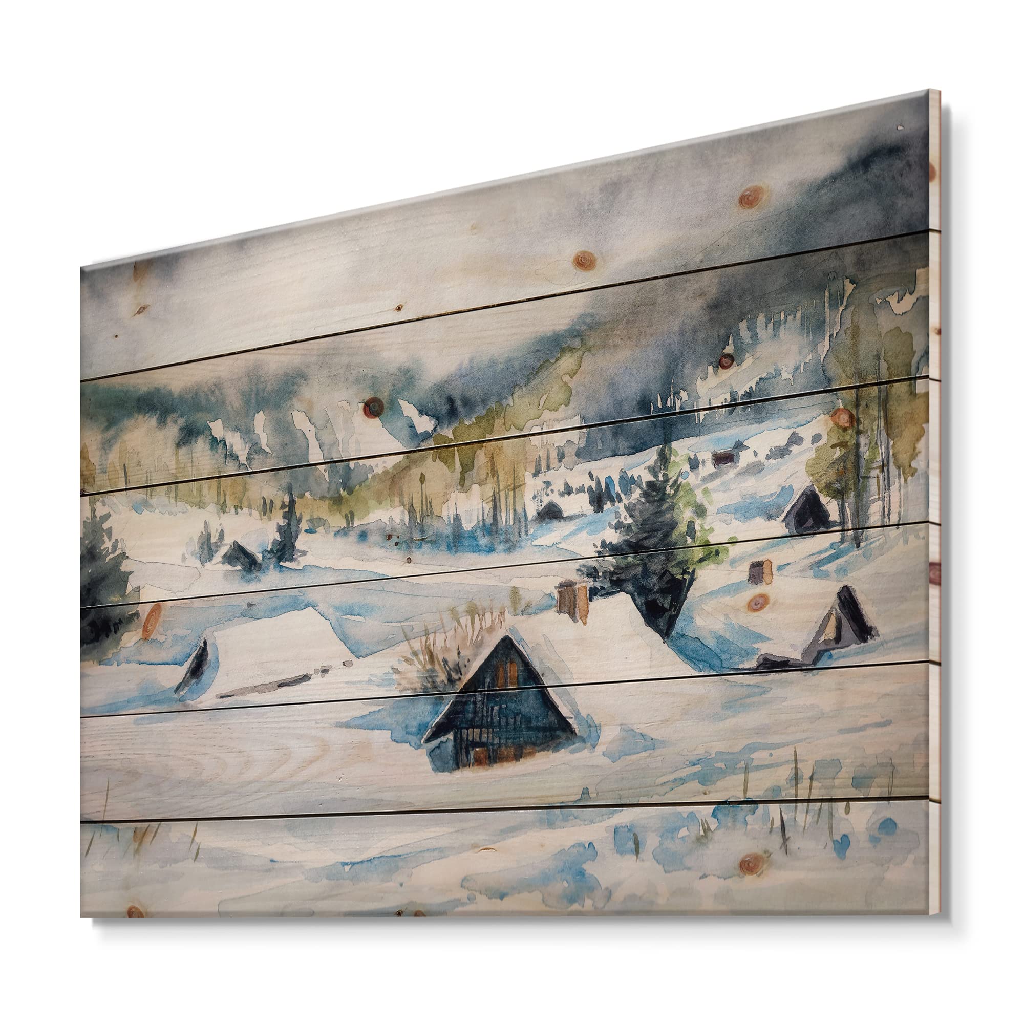 DesignQ Winter Mountain Village Traditional Wood Wall Art - Large Landscape Pine Wood Panel Decor for Living Room, Bedroom & Office