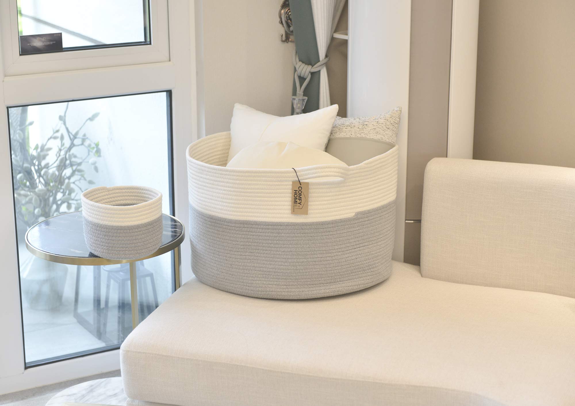 COMFY-HOMI 4-Piece Woven Rope Basket Set - 1 Large Laundry Basket (21x21x13.6