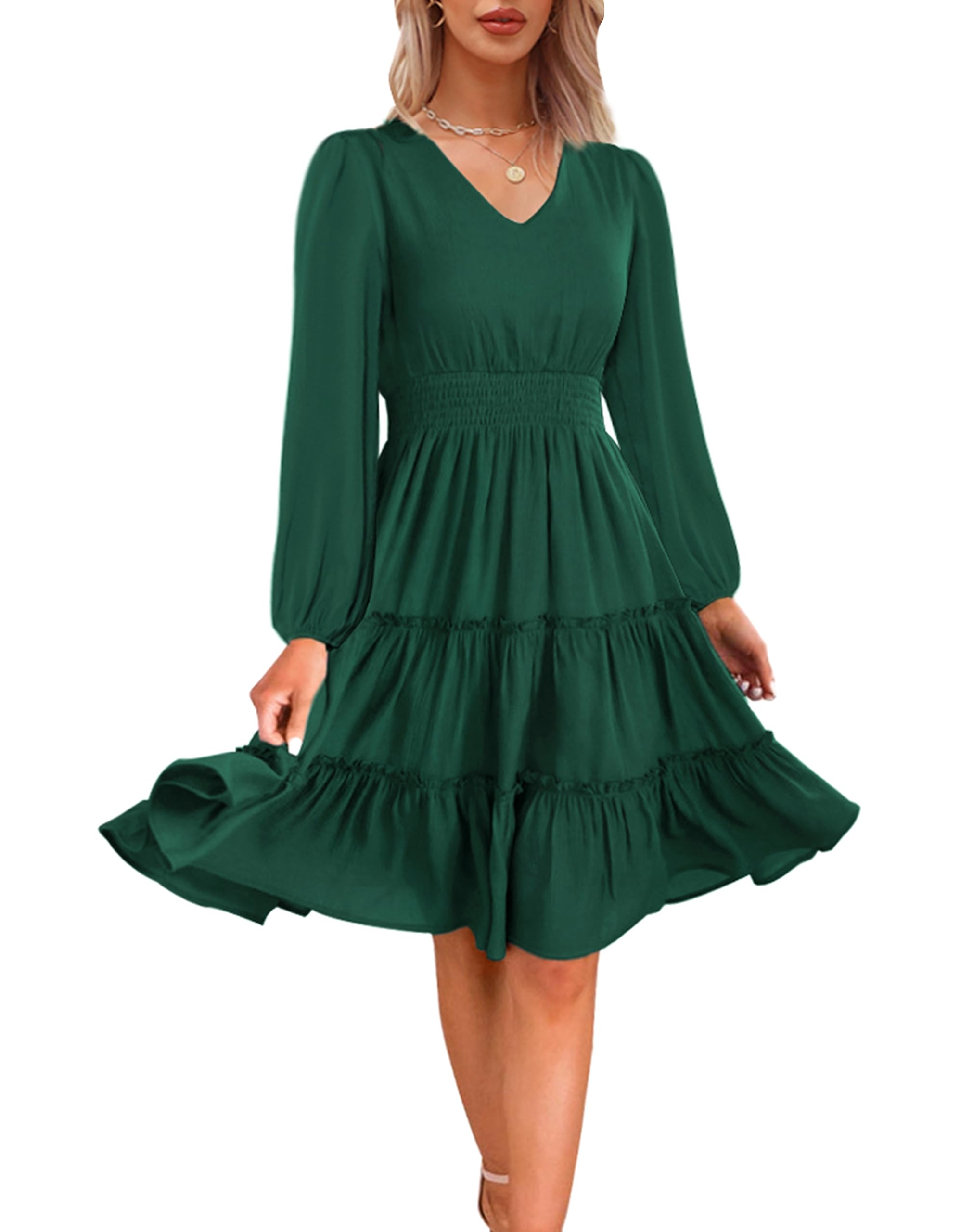Zattcas Women's 2025 Spring Summer Flowy V-Neck Smocked Waist A-Line Tiered Midi Dress - Casual Work Office & Outdoor Party Wear