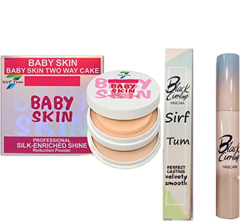 Waterproof Black Curling Mascara & Silk Enriched Shine Reduction Powder - Long Lasting Velvety Smooth Baby Skin Two Way Cake (Pack of 2) for Everyday Makeup & Special Occasions